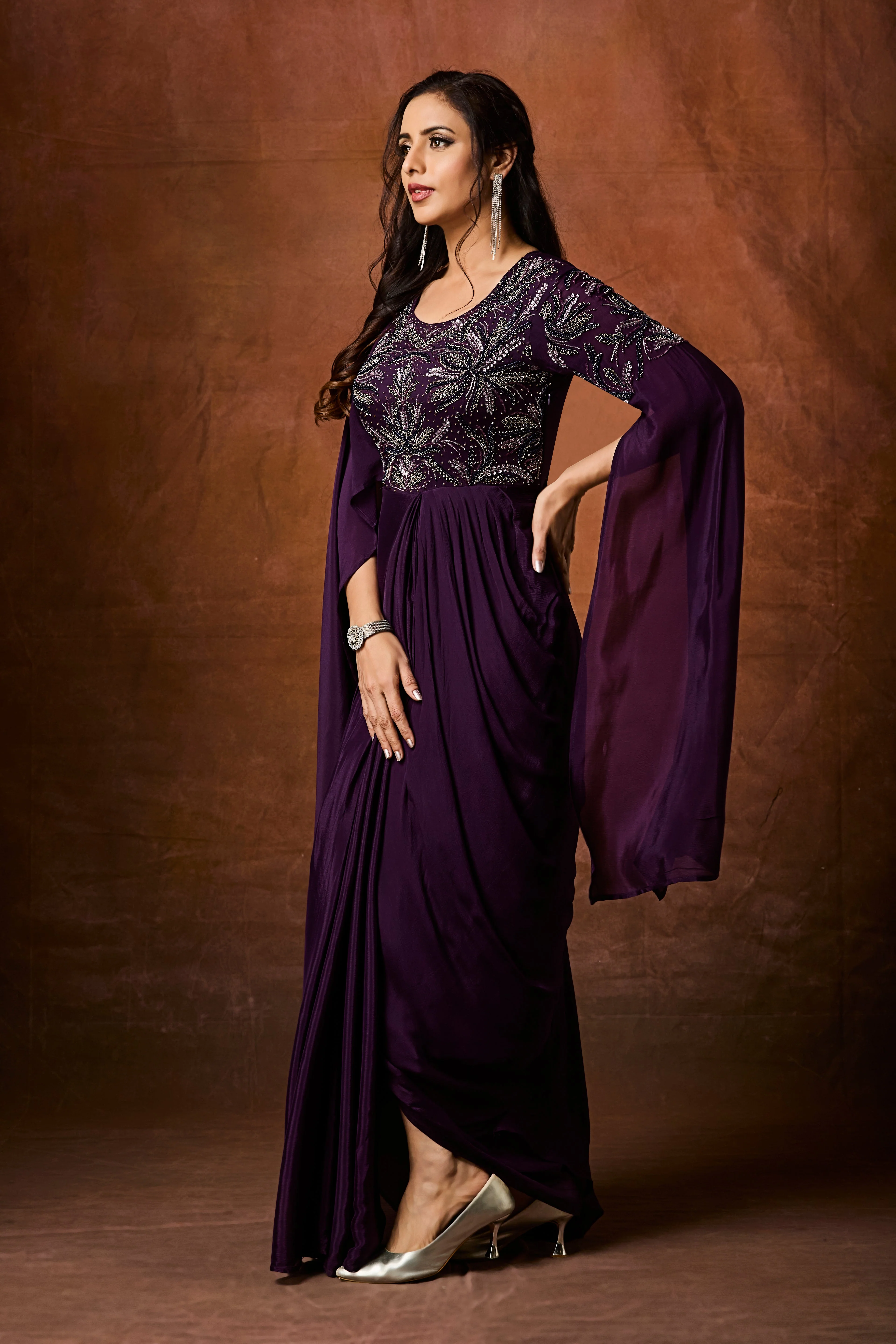 Imperial Plum Embellished Chinon Silk Gown - Image 3