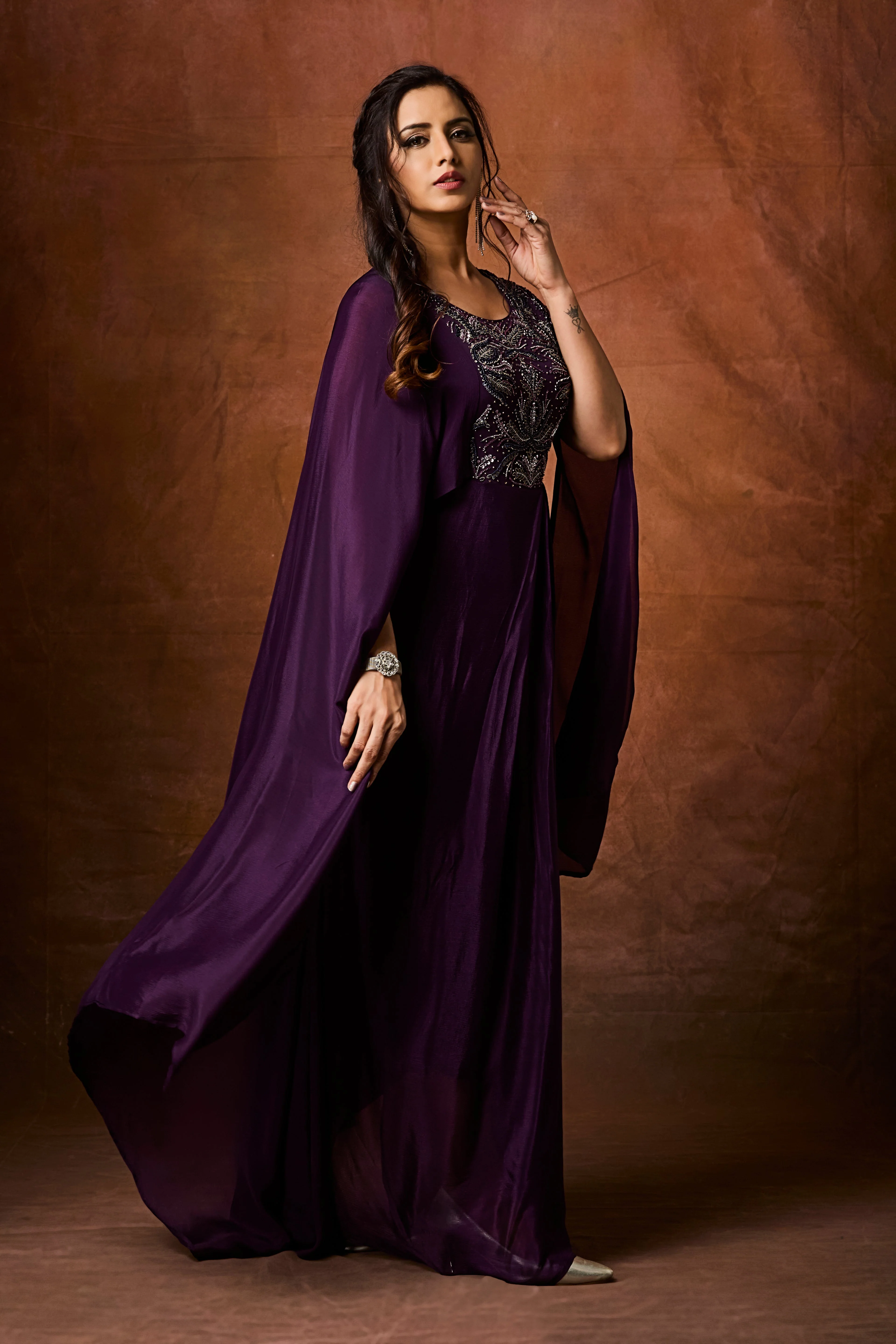 Imperial Plum Embellished Chinon Silk Gown - Image 4