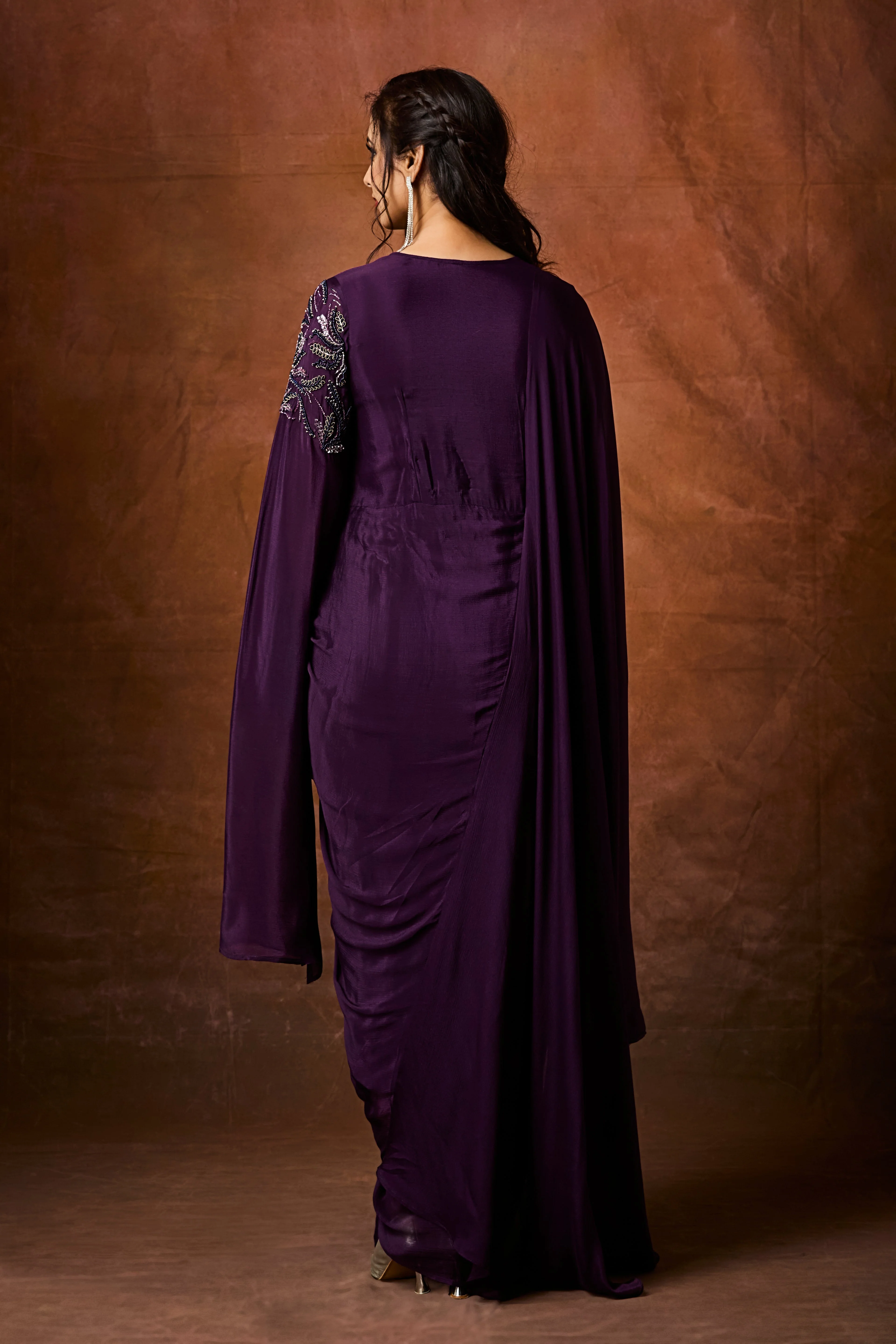 Imperial Plum Embellished Chinon Silk Gown - Image 5
