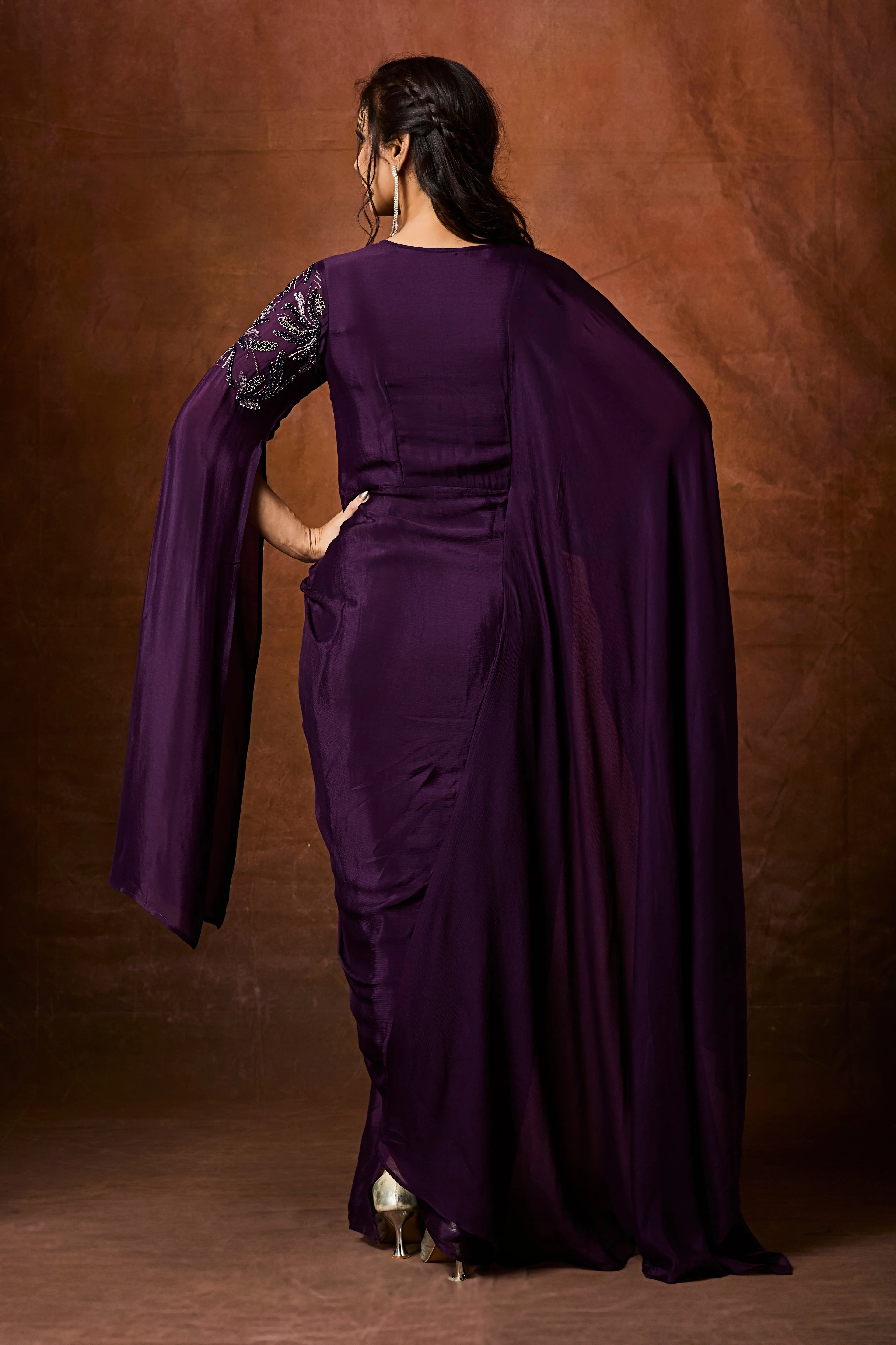 Imperial Plum Embellished Chinon Silk Gown - Image 6