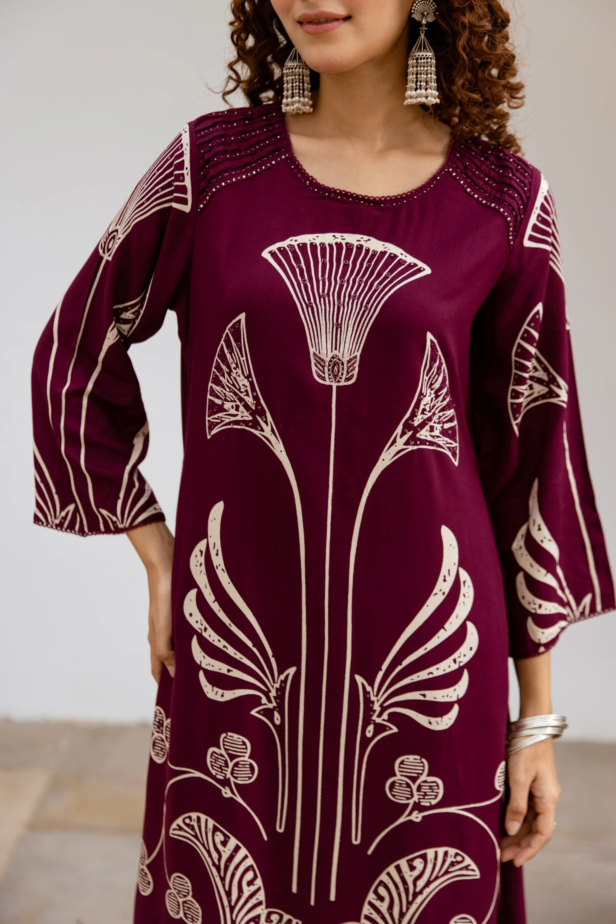 Wine Printed Organic Cotton Kurta Set - Image 3
