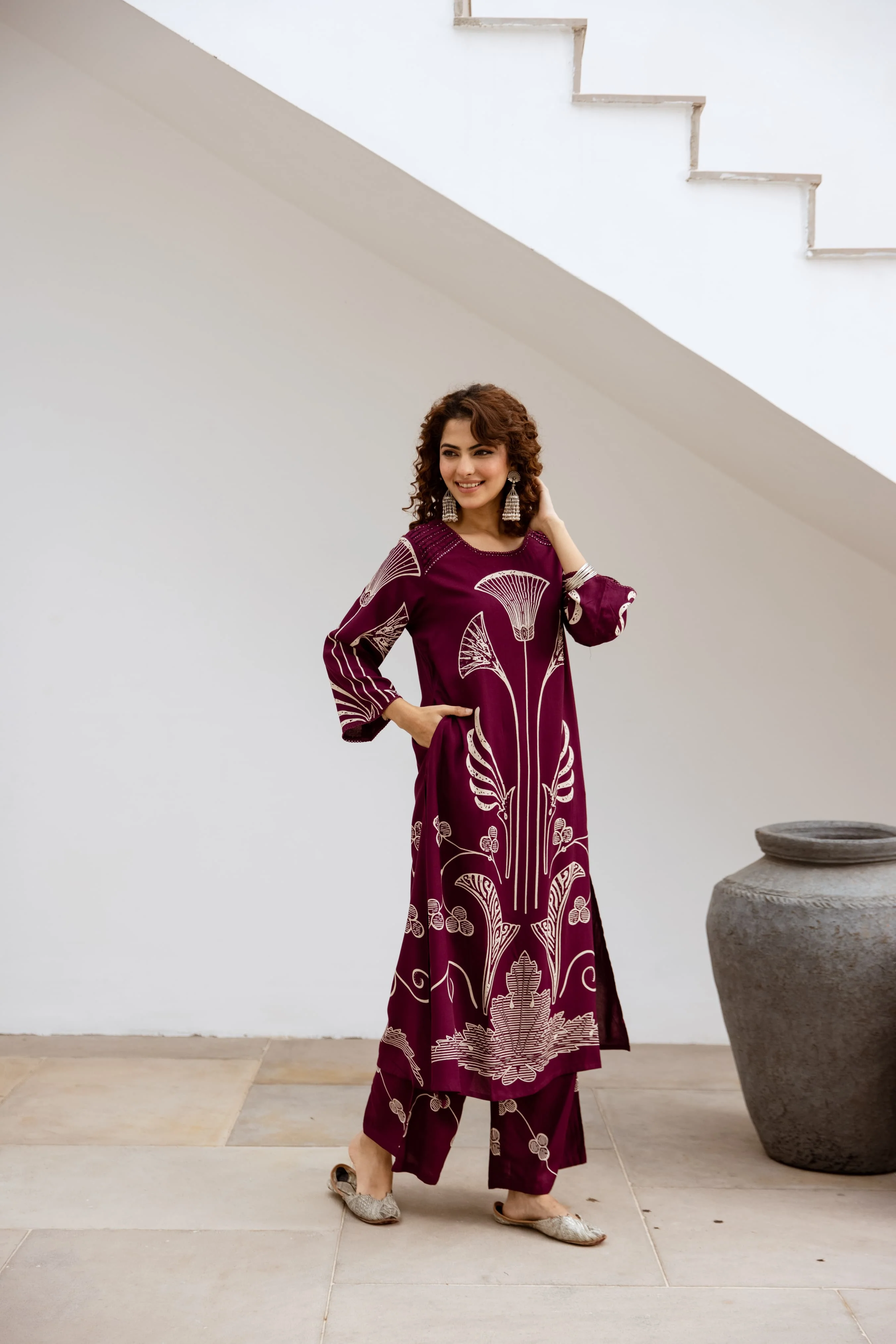 Wine Printed Organic Cotton Kurta Set - Image 4