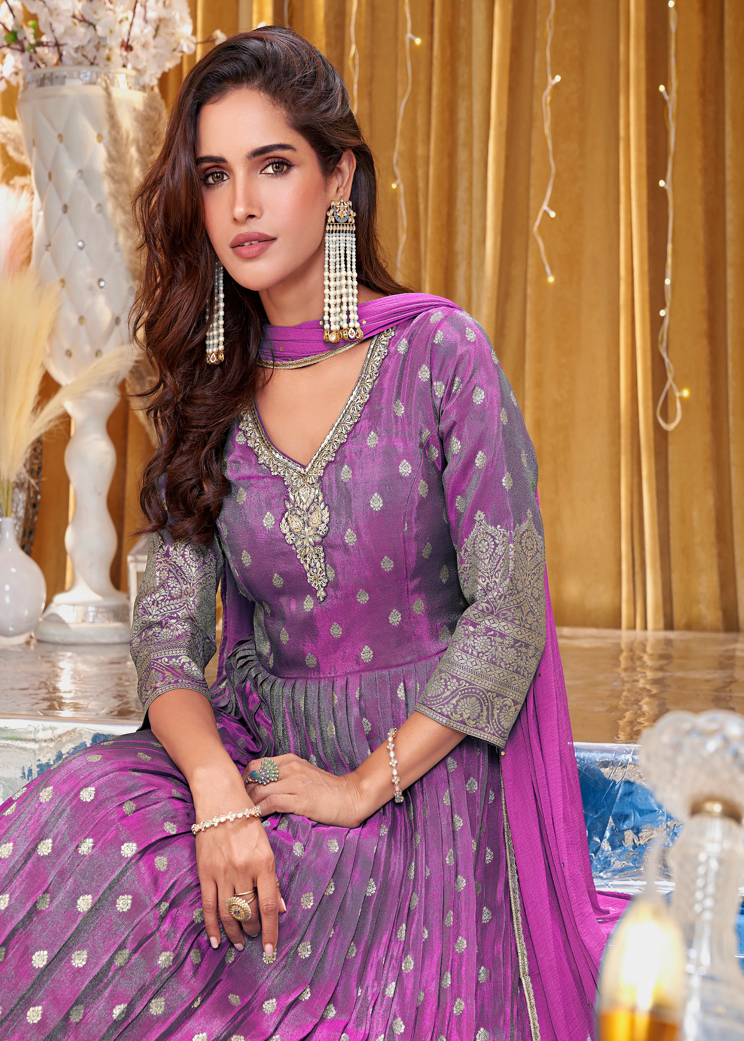 Plum Purple Embellished Shimmer Brocade Silk Anarkali Set - Image 2