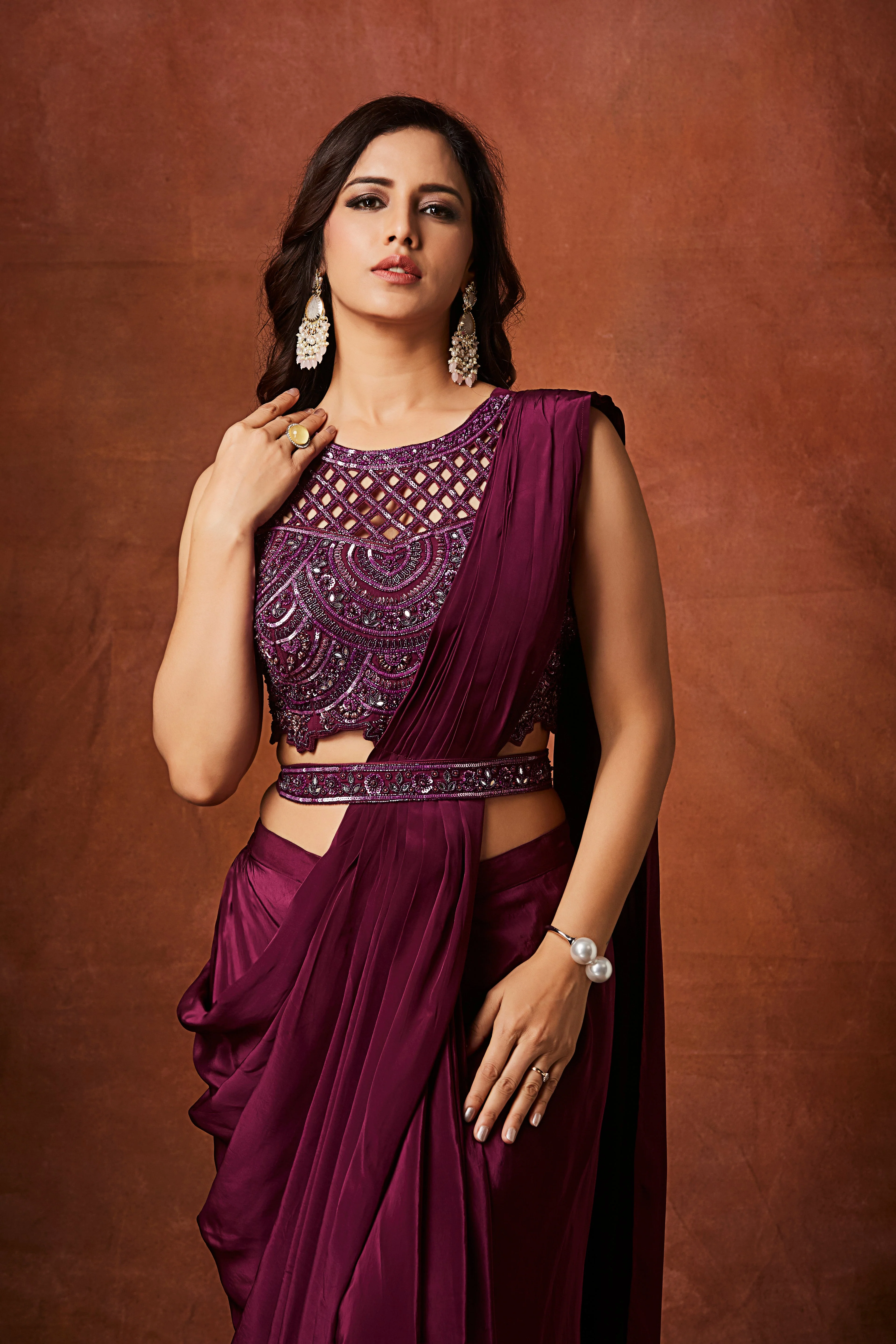 Wine Purple Embellished Crepe Silk Drape Saree - Image 2