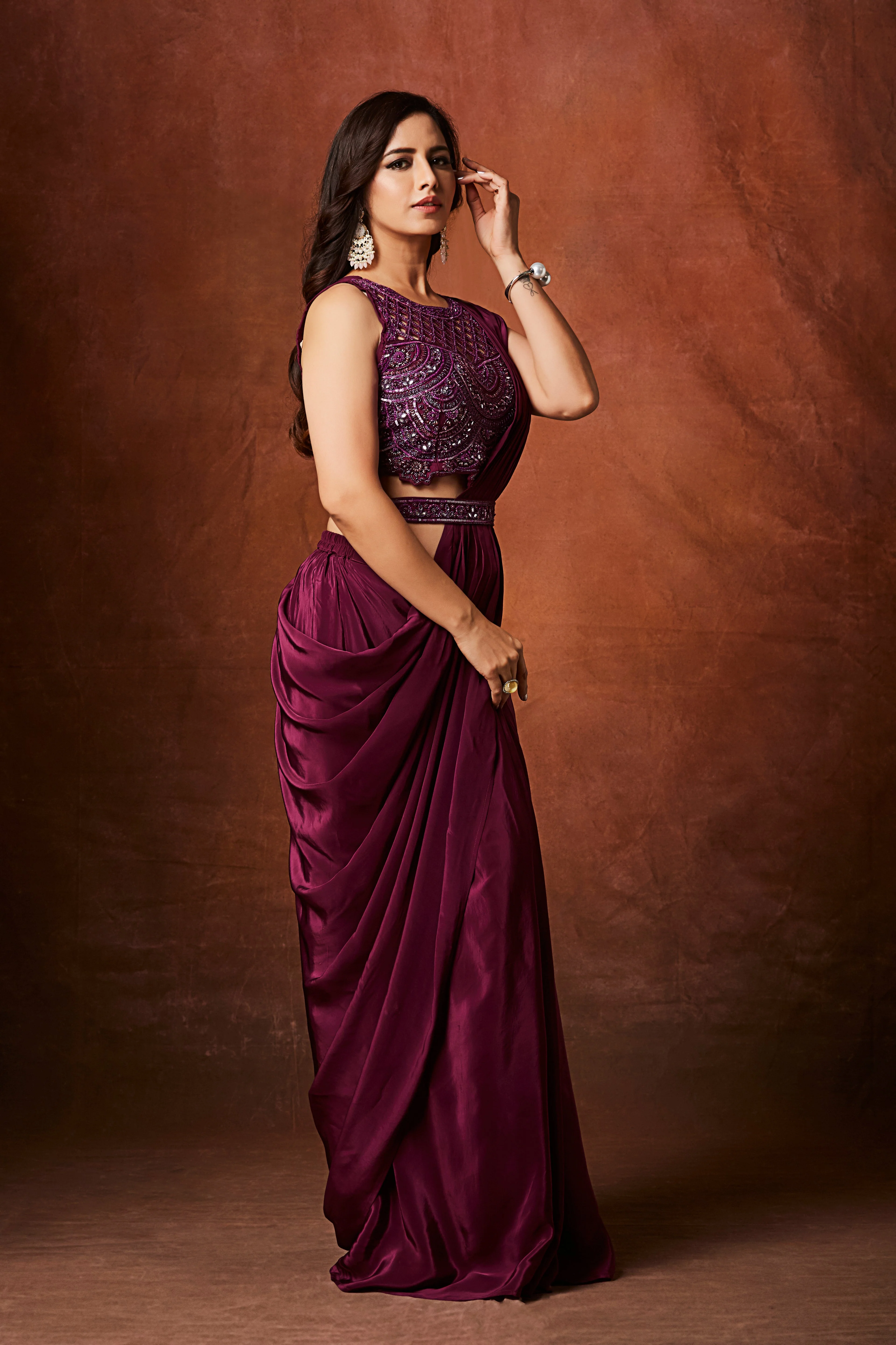 Wine Purple Embellished Crepe Silk Drape Saree - Image 5