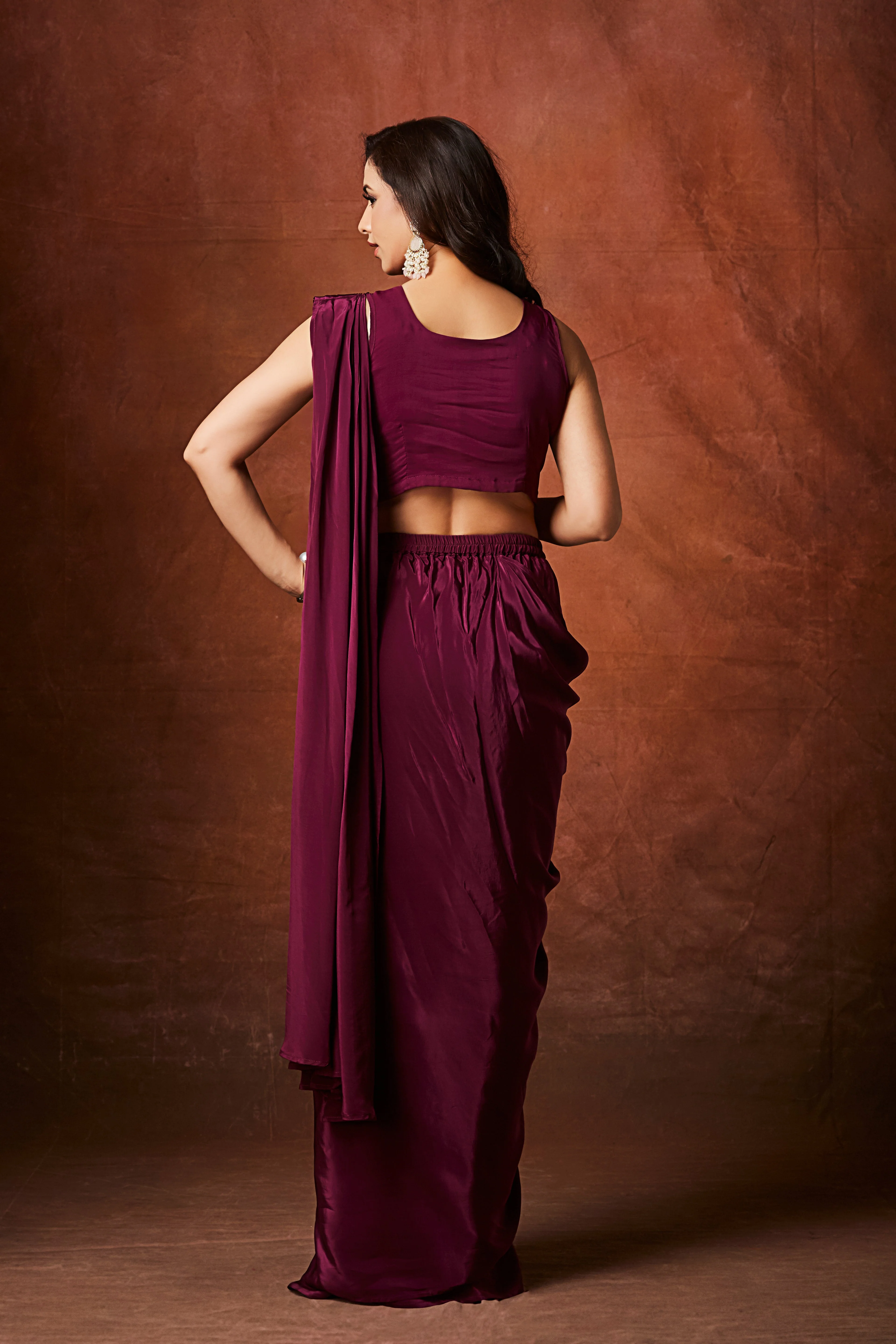 Wine Purple Embellished Crepe Silk Drape Saree - Image 6