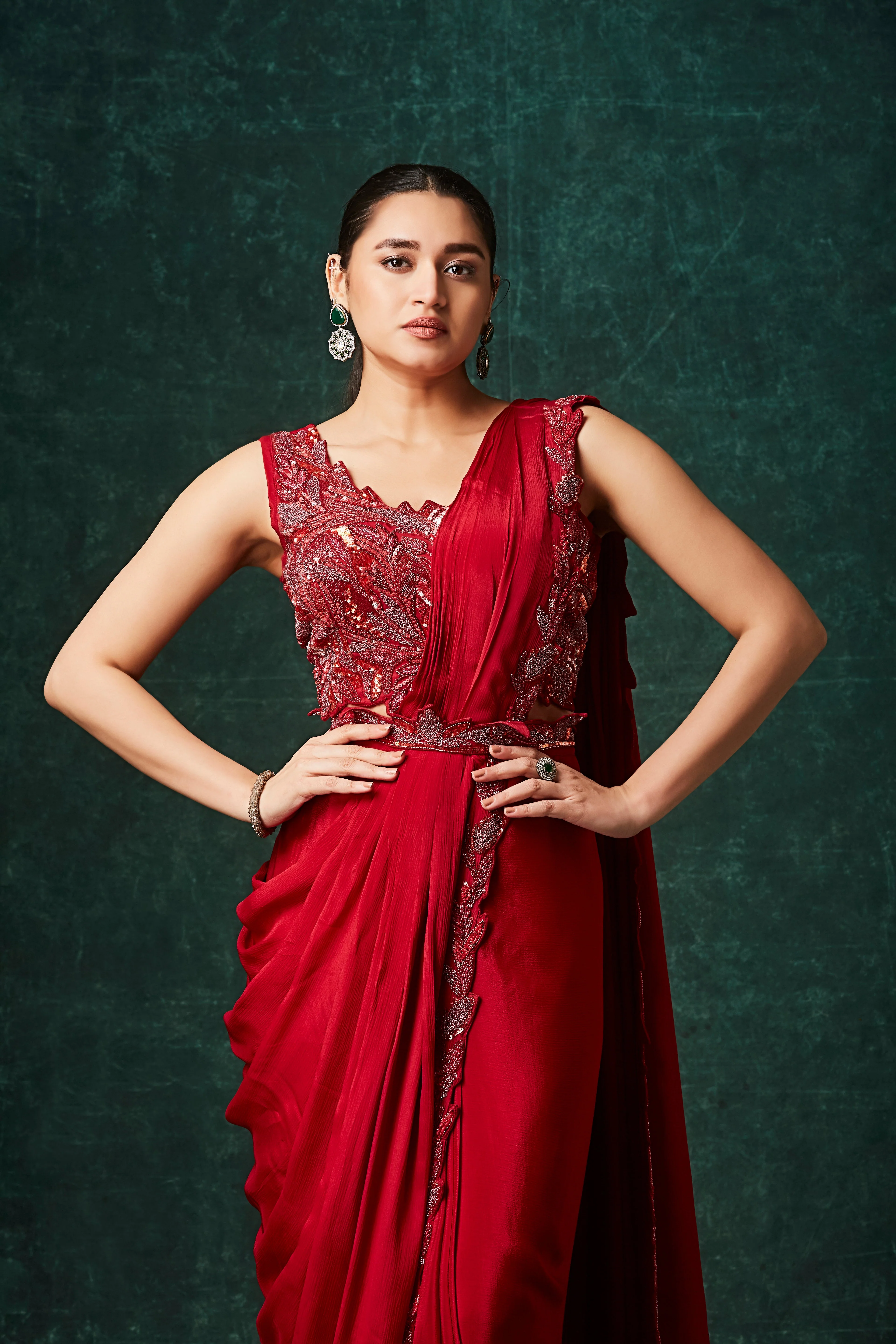 Deep Red Embellished Chinon Silk Drape Saree - Image 2