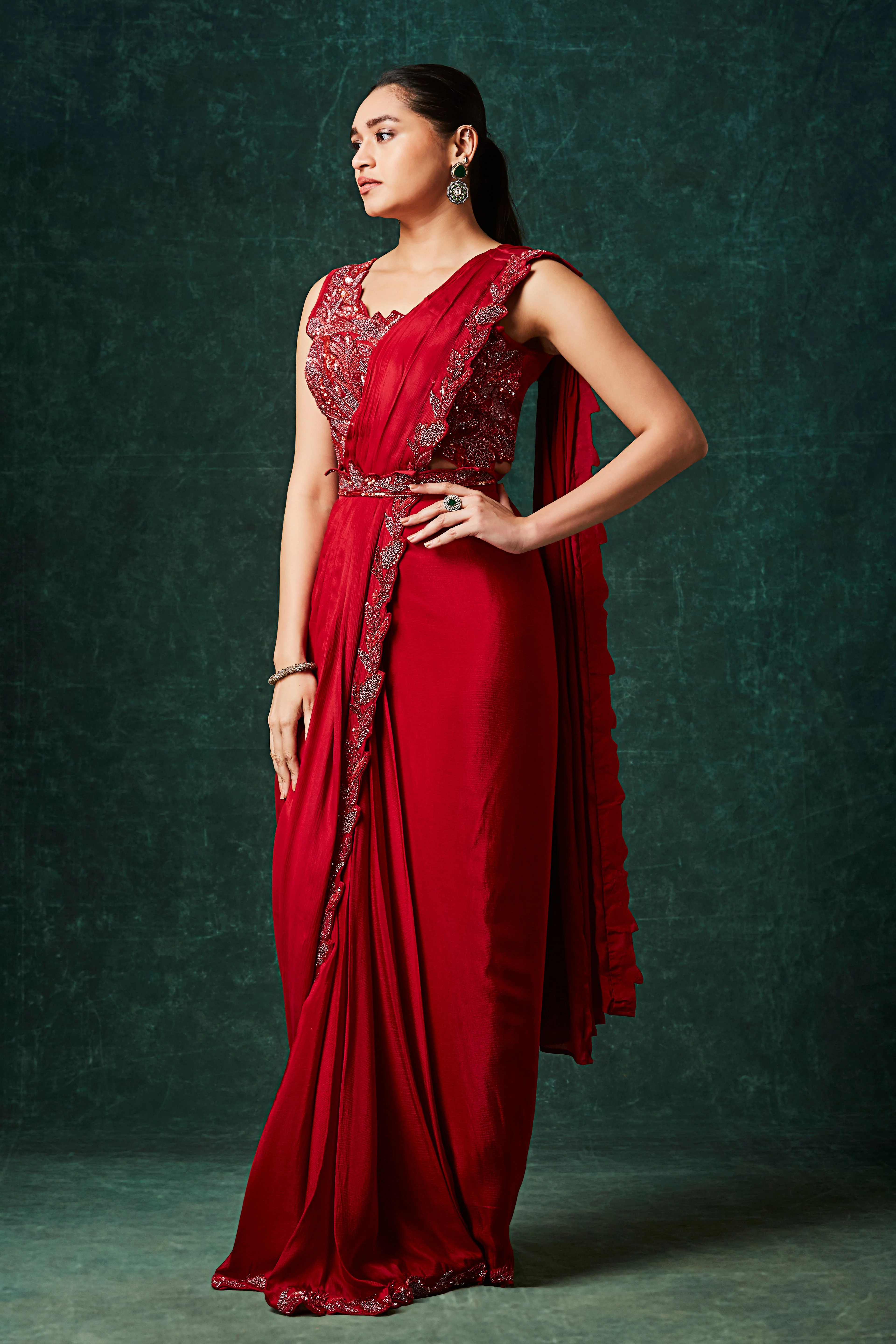 Deep Red Embellished Chinon Silk Drape Saree - Image 3
