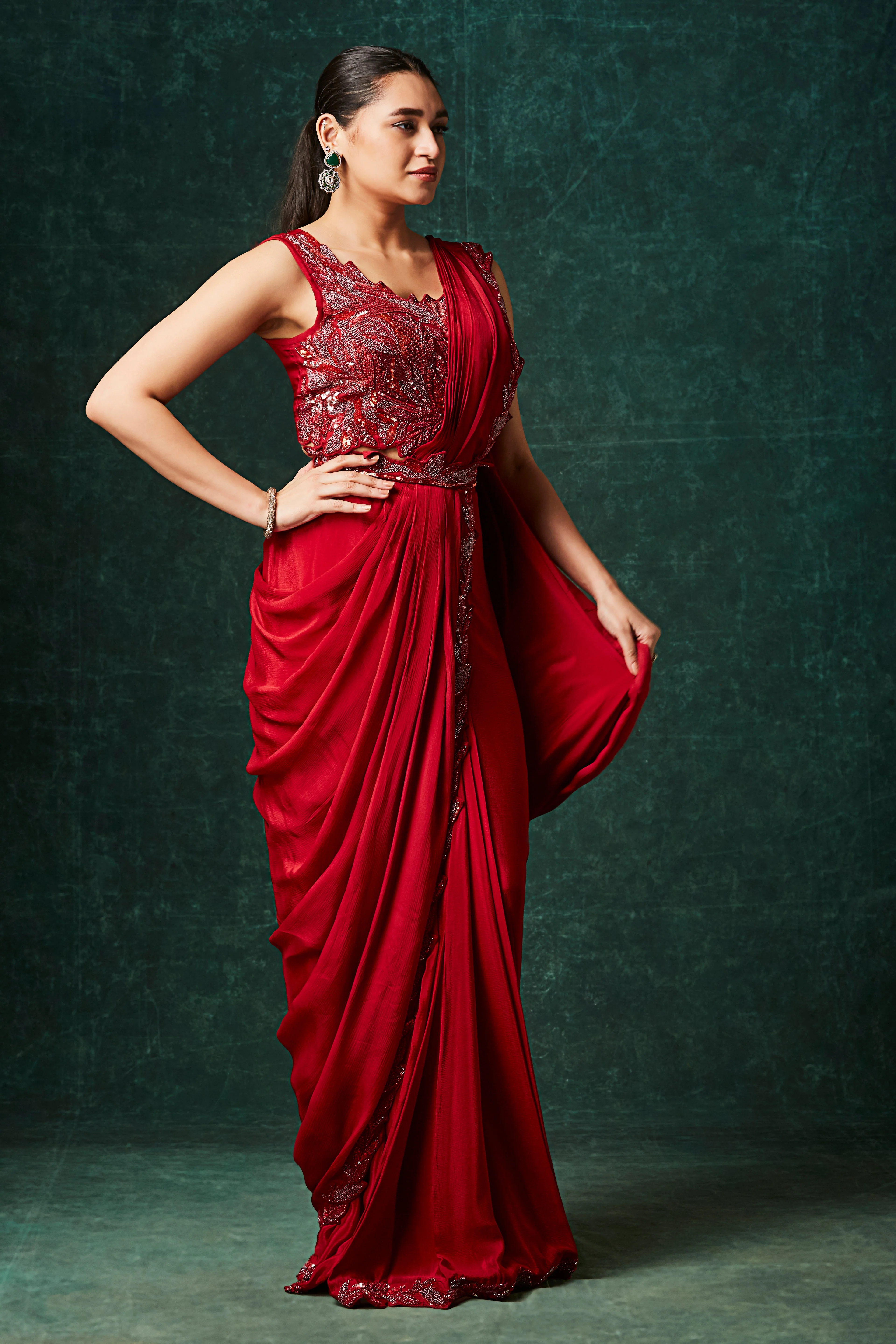 Deep Red Embellished Chinon Silk Drape Saree - Image 4
