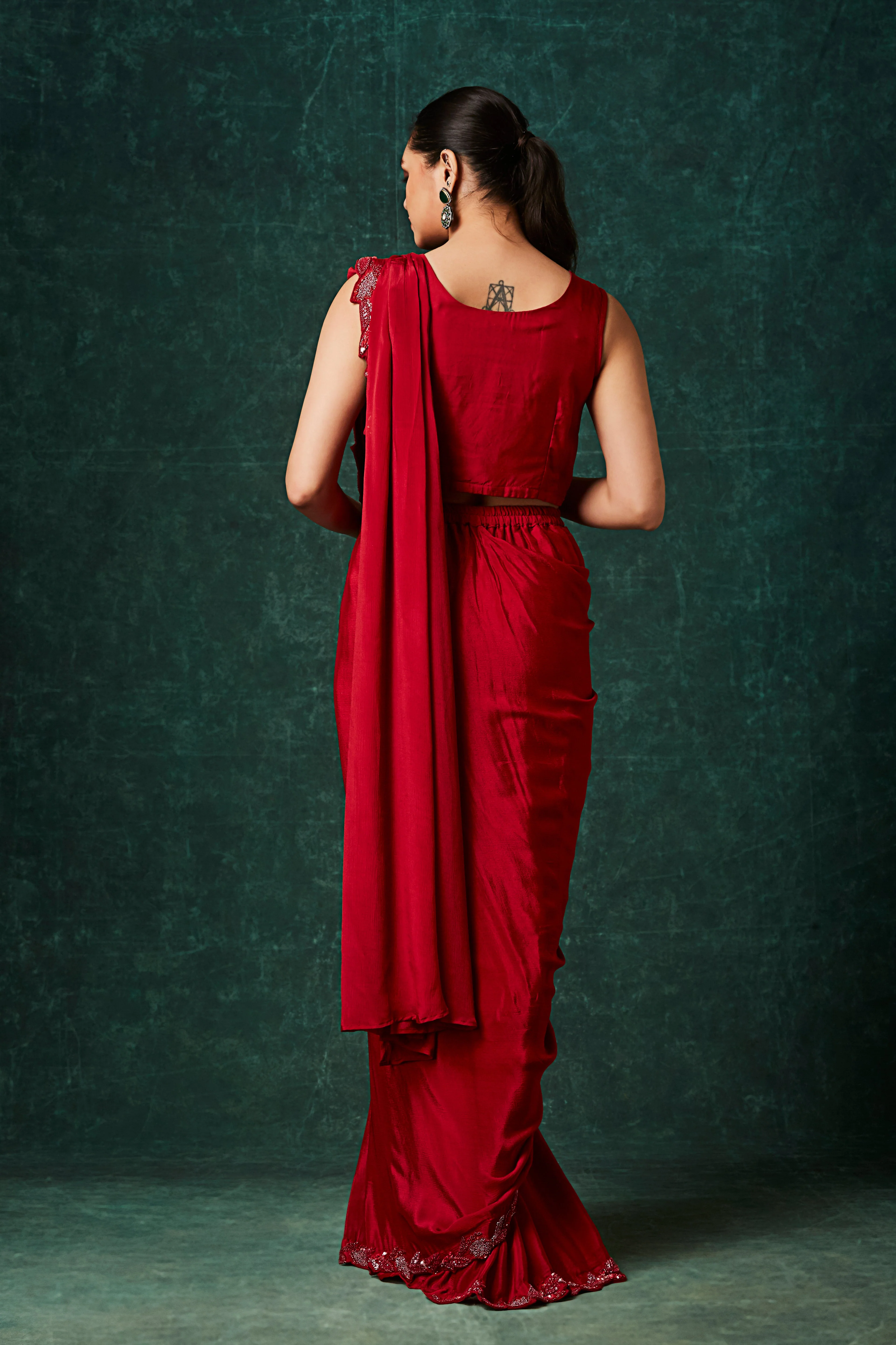 Deep Red Embellished Chinon Silk Drape Saree - Image 5
