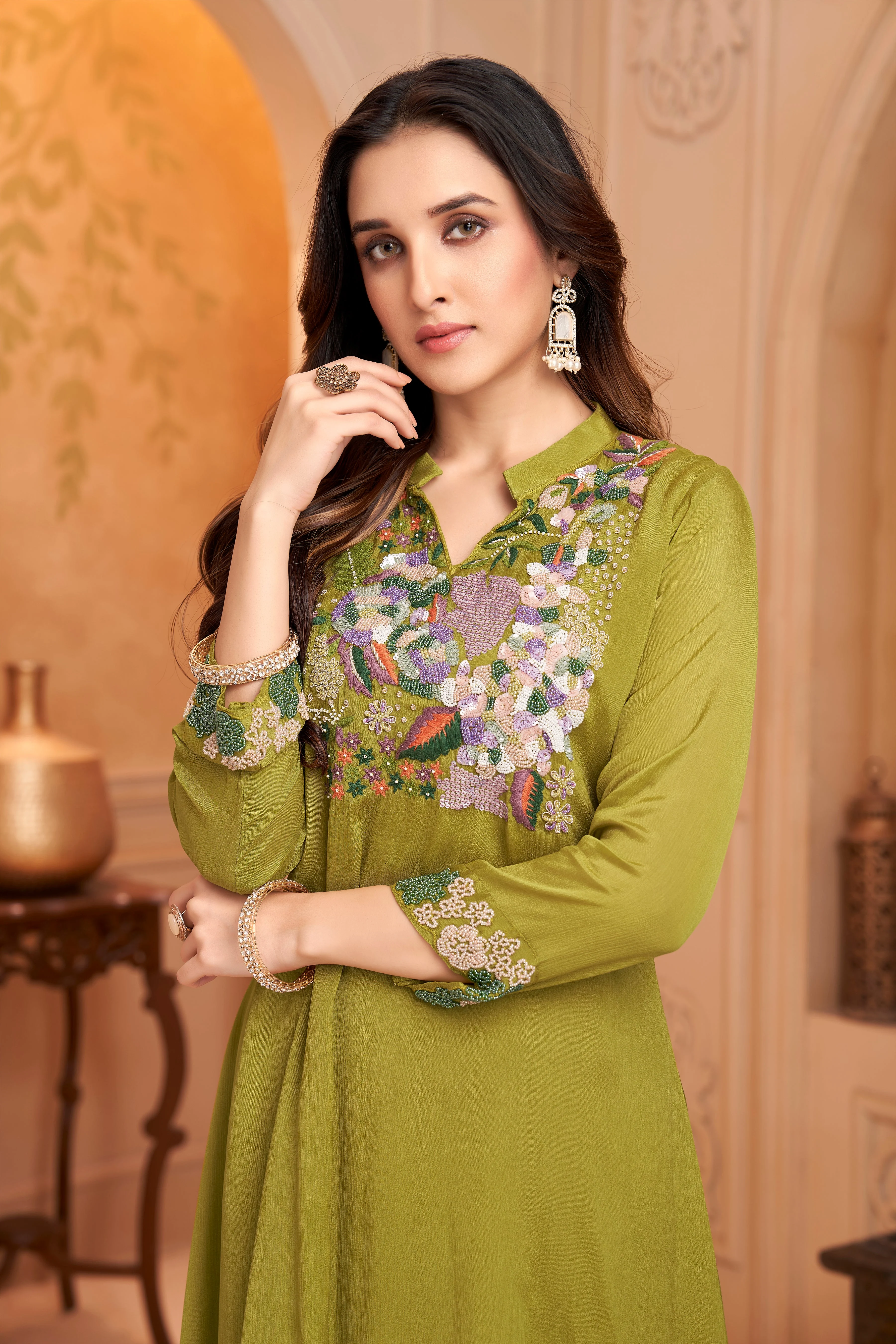 Lime Green Embellished Chinon Silk Kurta Set - Image 2