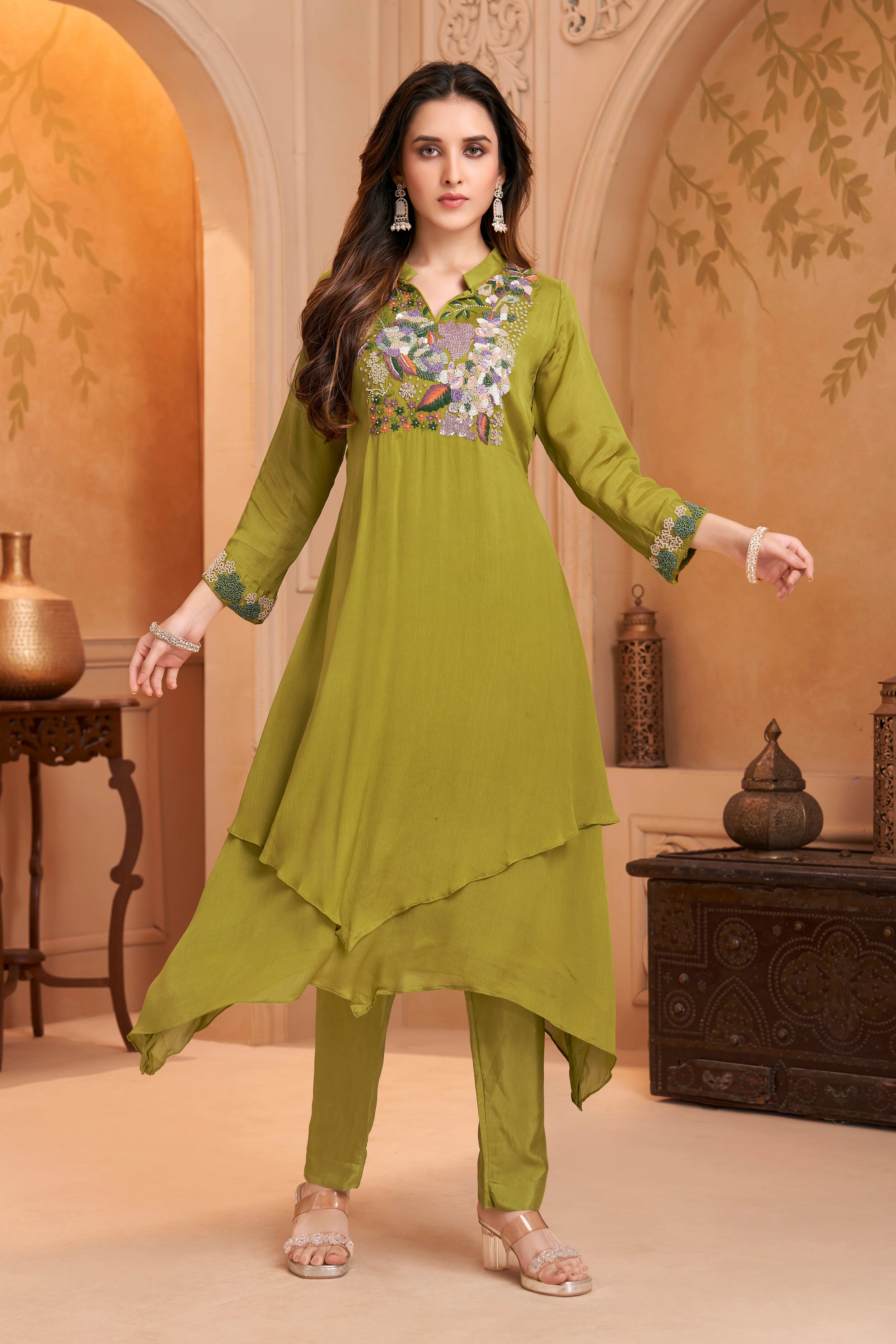 Lime Green Embellished Chinon Silk Kurta Set - Image 3