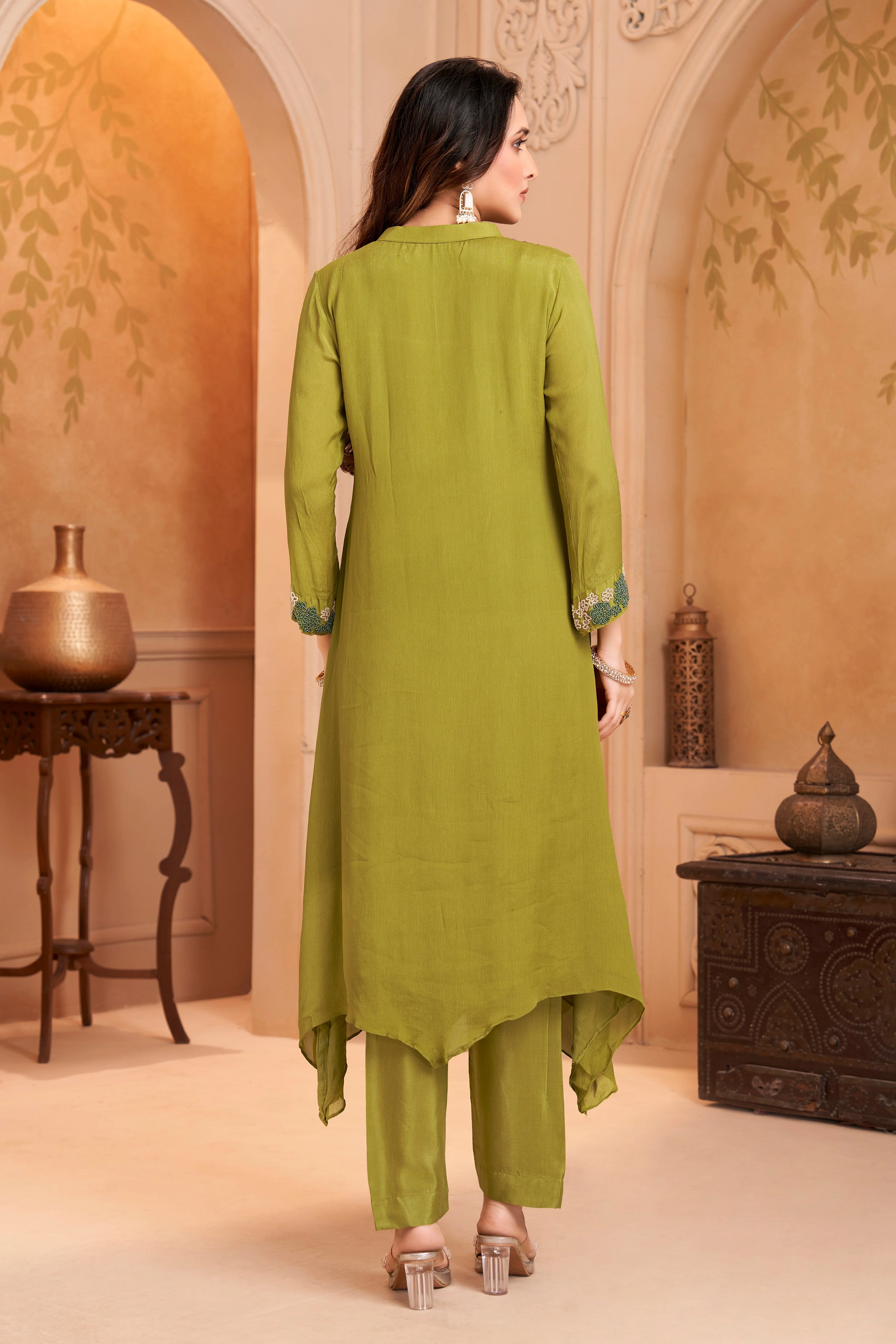 Lime Green Embellished Chinon Silk Kurta Set - Image 4