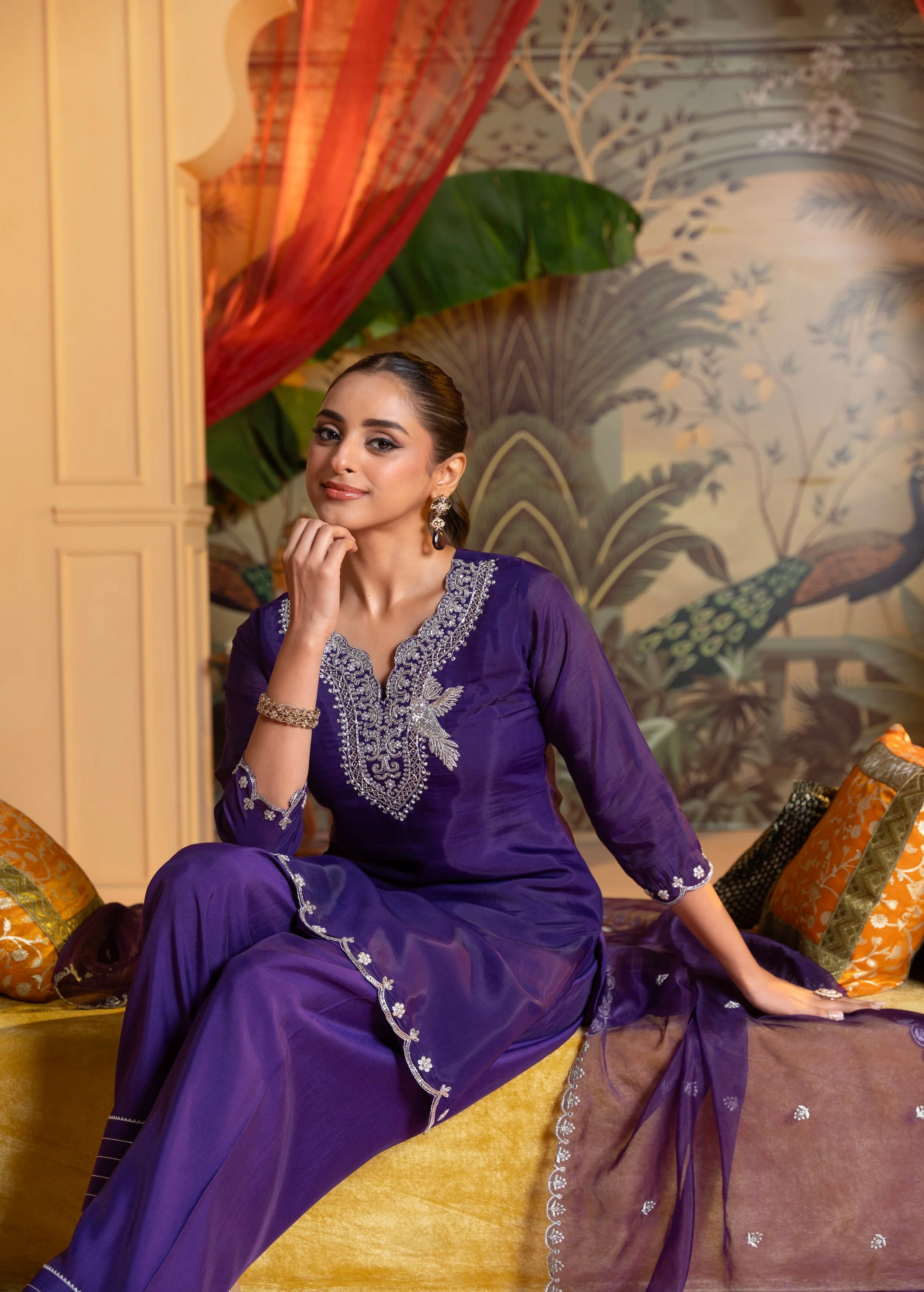 Vivid Violet Embellished Crepe Silk Pant Set - Image 2