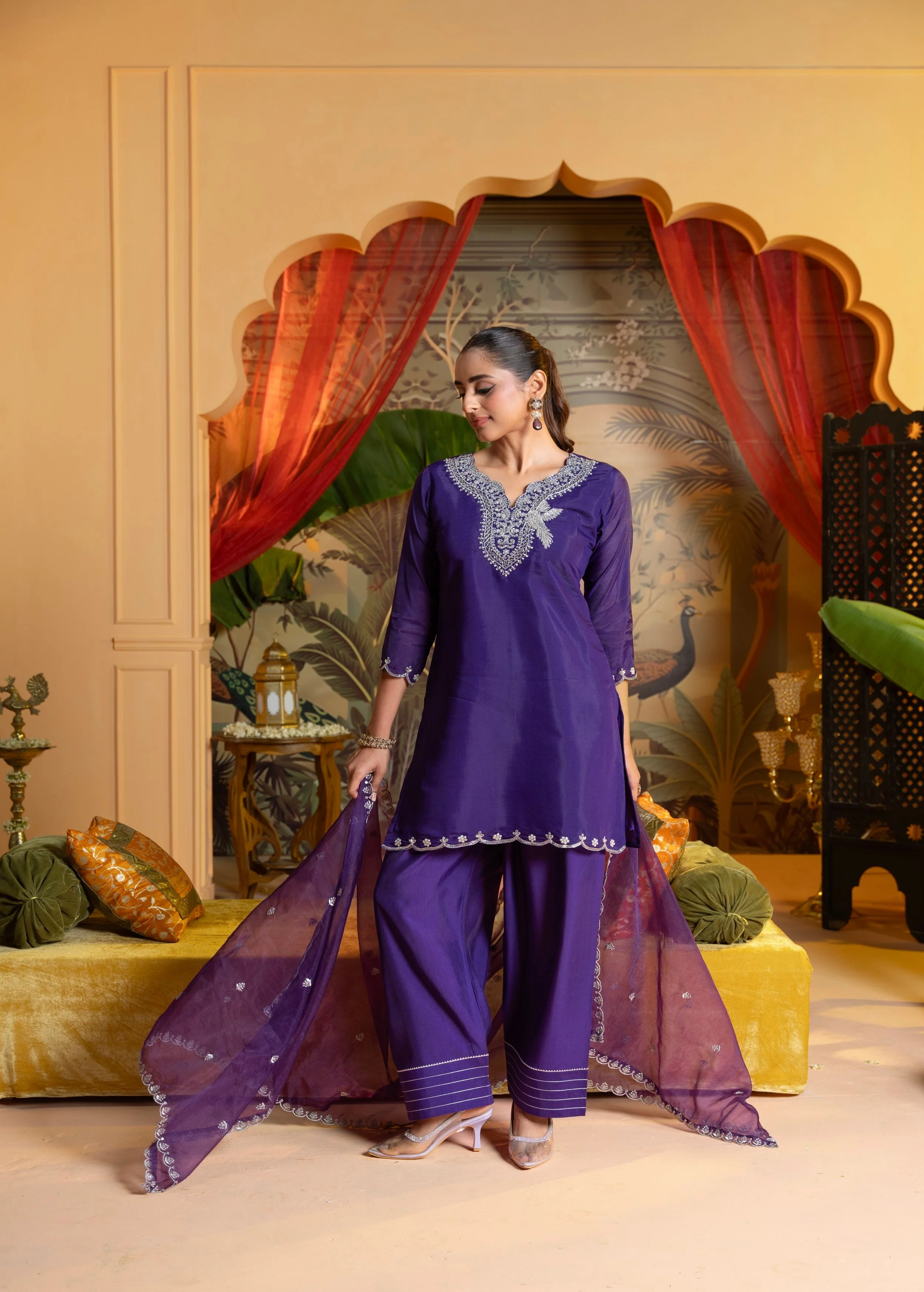 Vivid Violet Embellished Crepe Silk Pant Set - Image 3