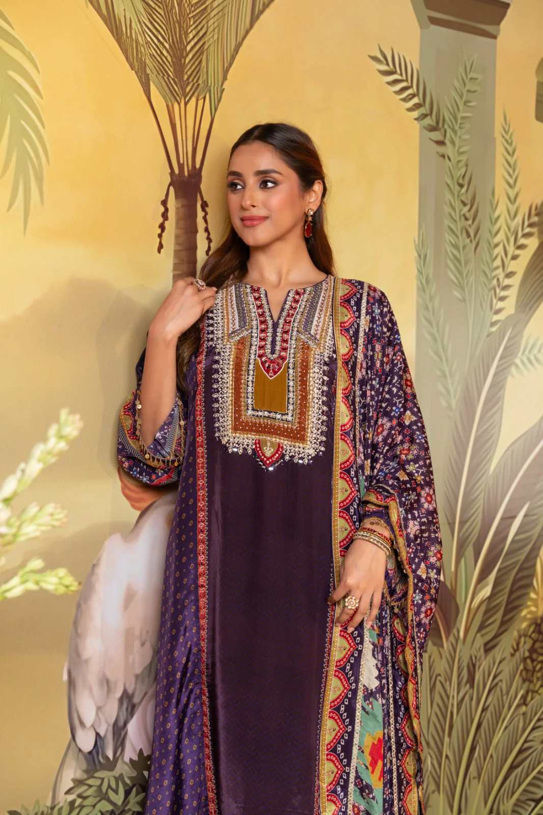 Plum Purple Embellished Muslin Crepe Silk Pant Set - Image 2