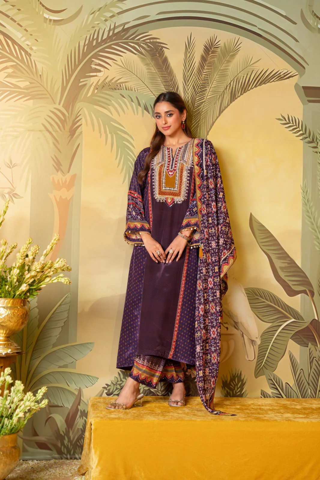 Plum Purple Embellished Muslin Crepe Silk Pant Set - Image 3