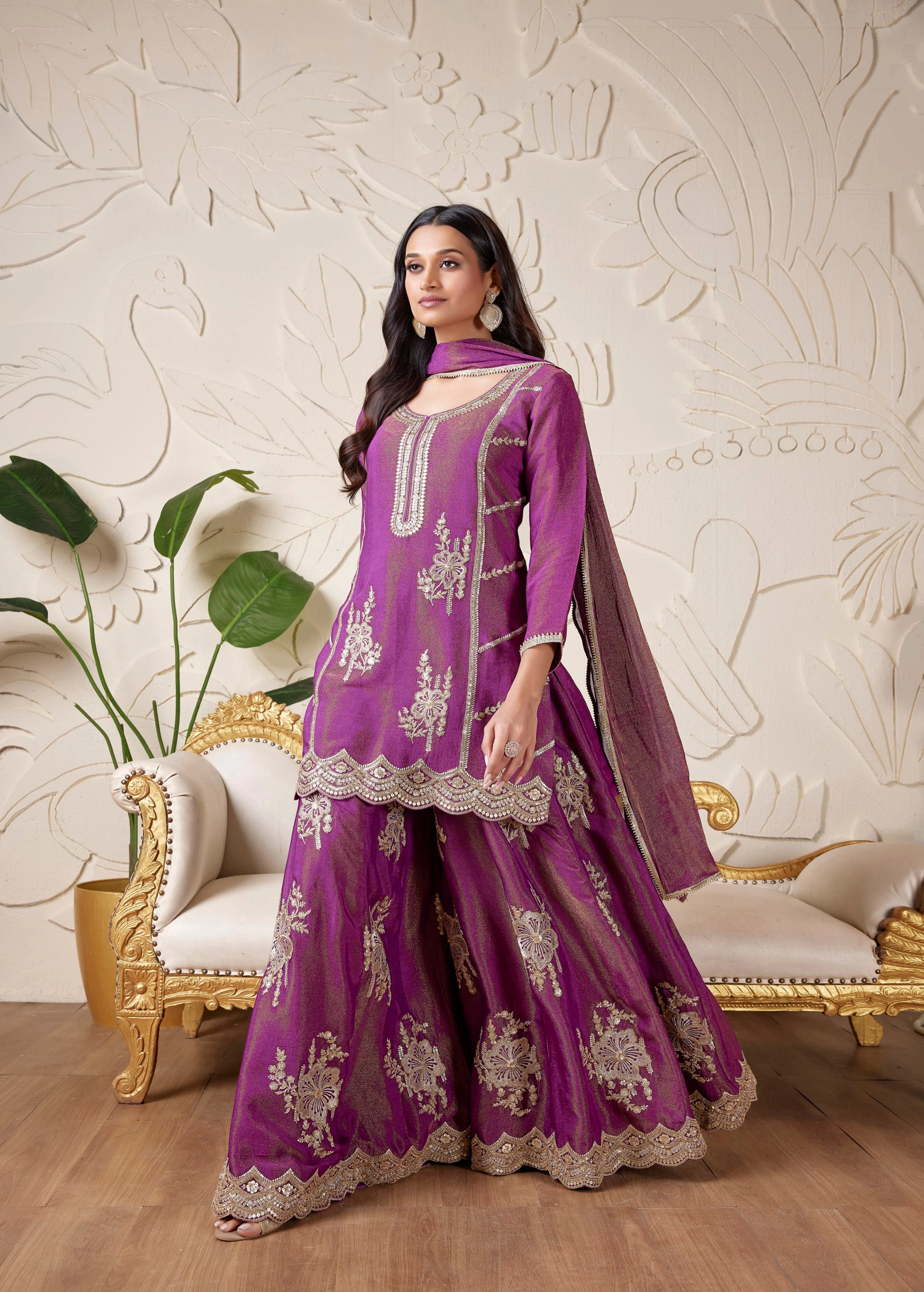 Plum Purple Embellished Shimmer Tissue Silk Palazzo Set