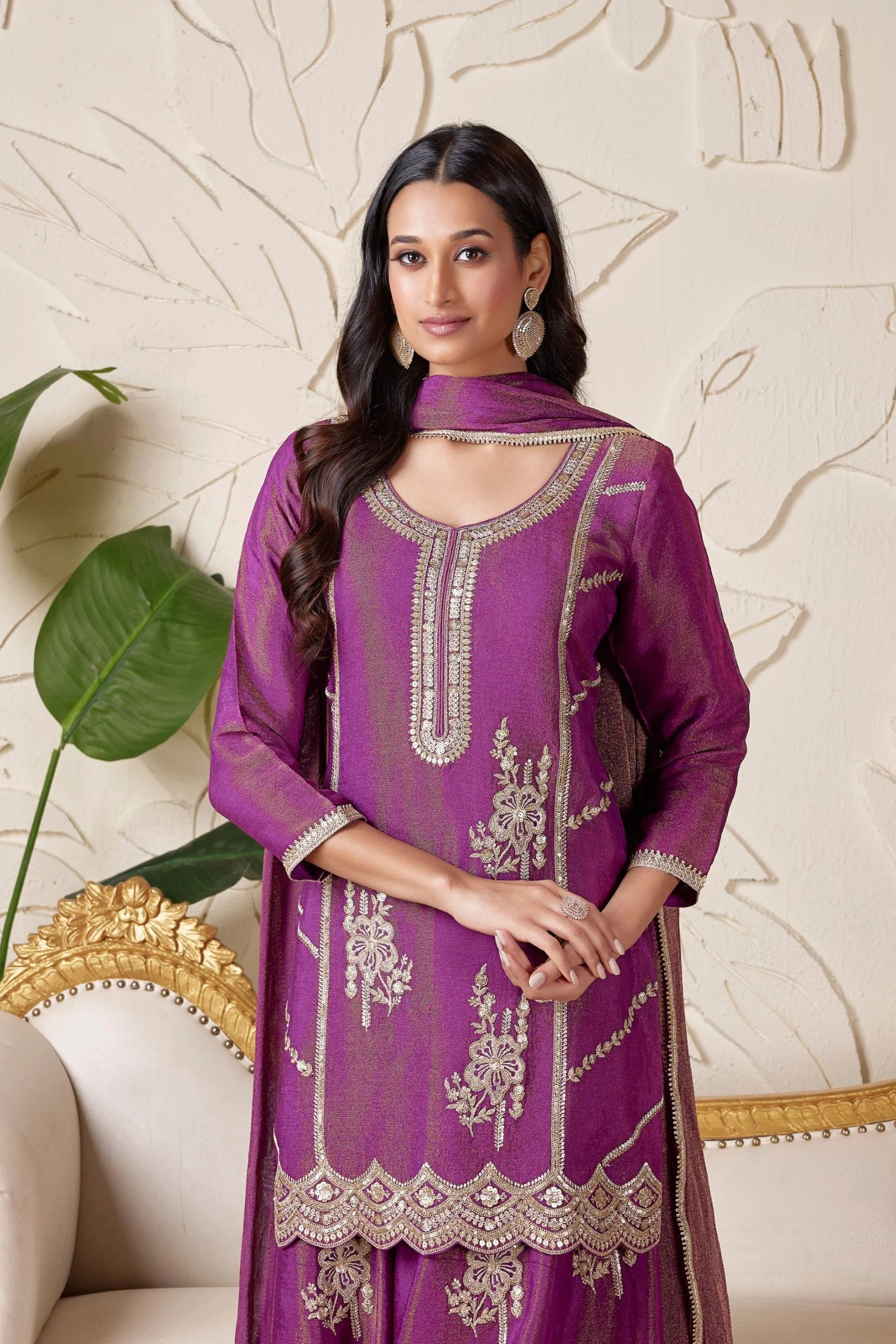 Plum Purple Embellished Shimmer Tissue Silk Palazzo Set - Image 2