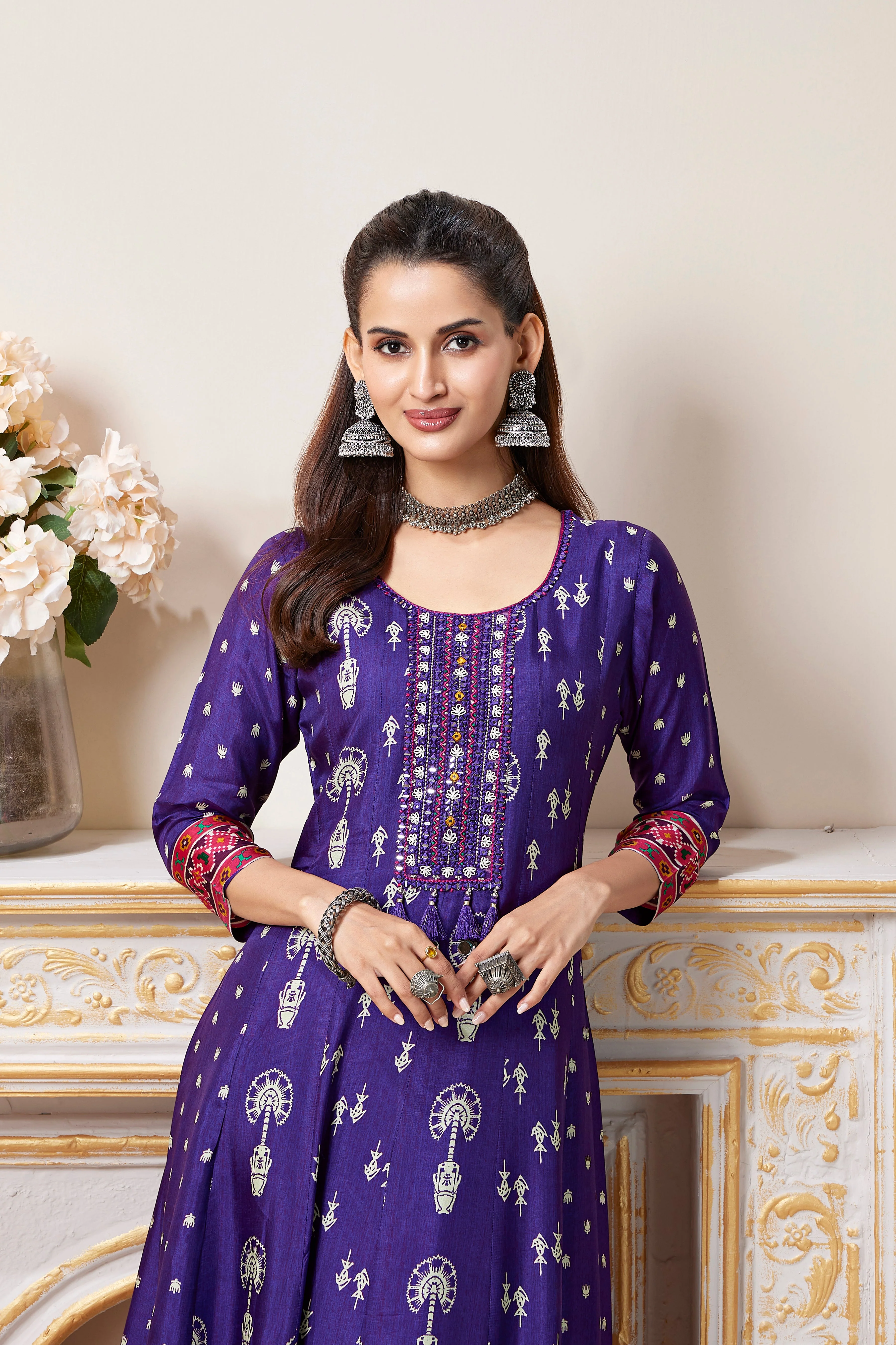 Plum Purple Printed Muslin Silk Anarkali Set - Image 2