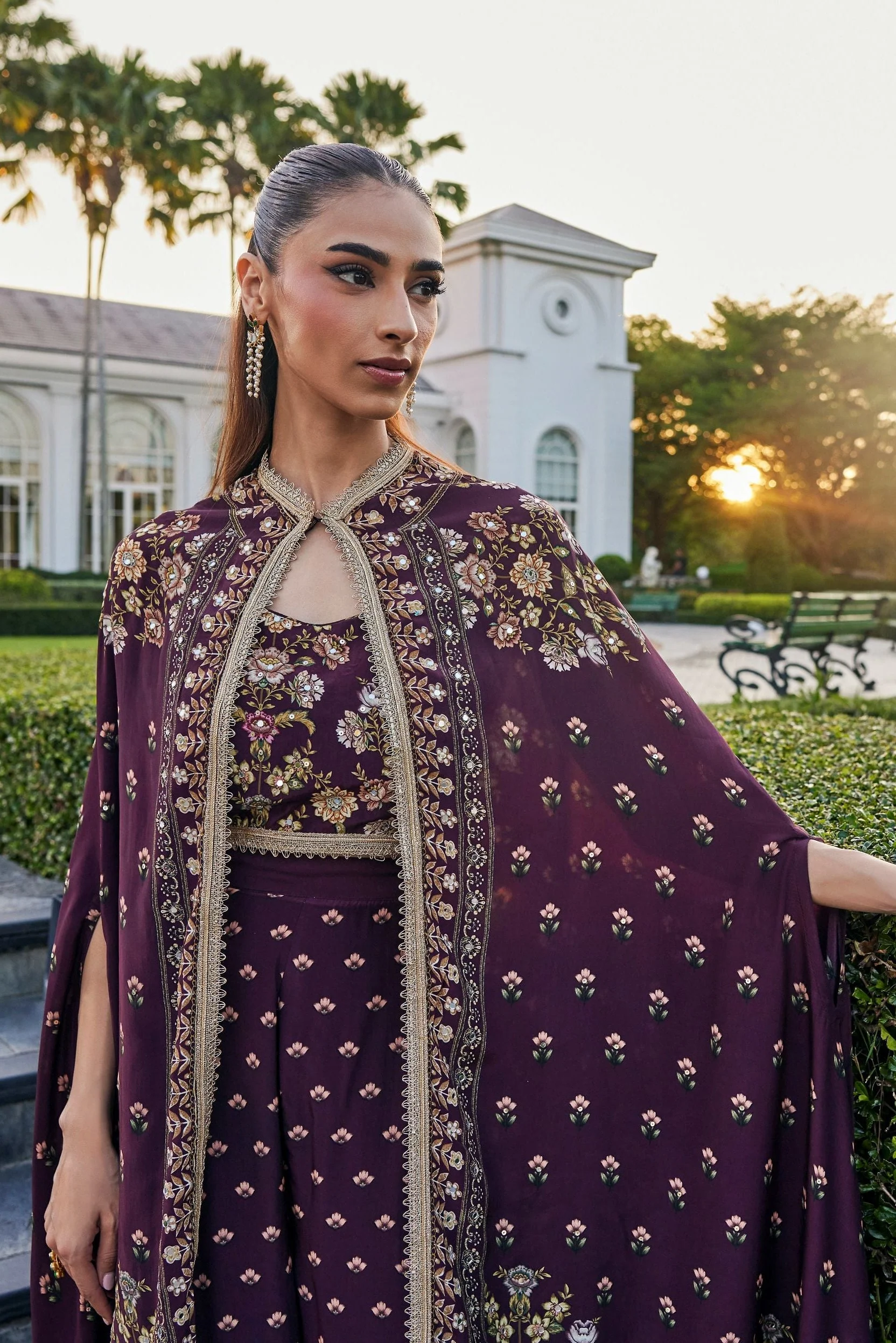 Plum Royale Embellished Muslin Silk Cape Set - Image 2