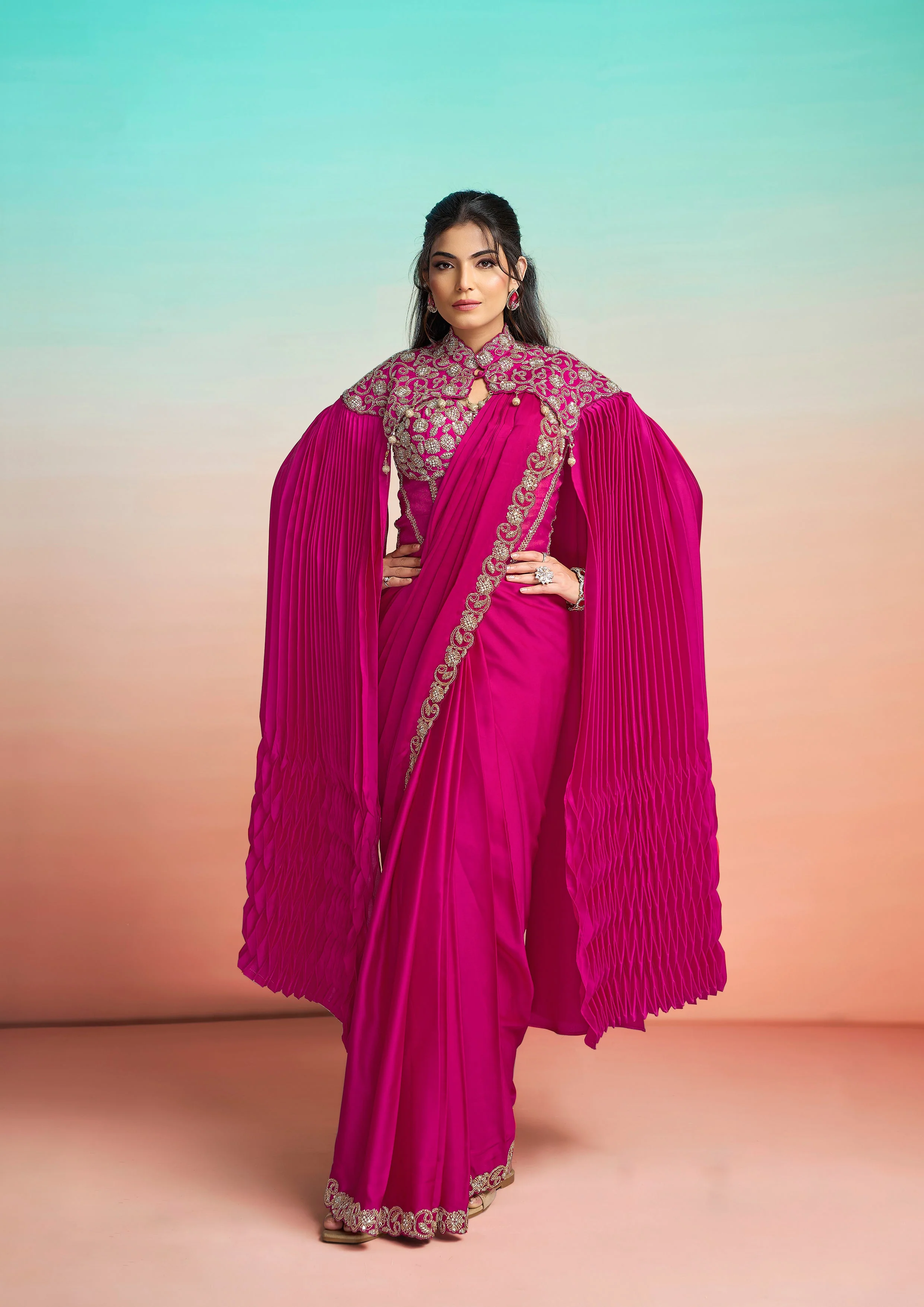 Pop Pink Embellished Satin Silk Saree
