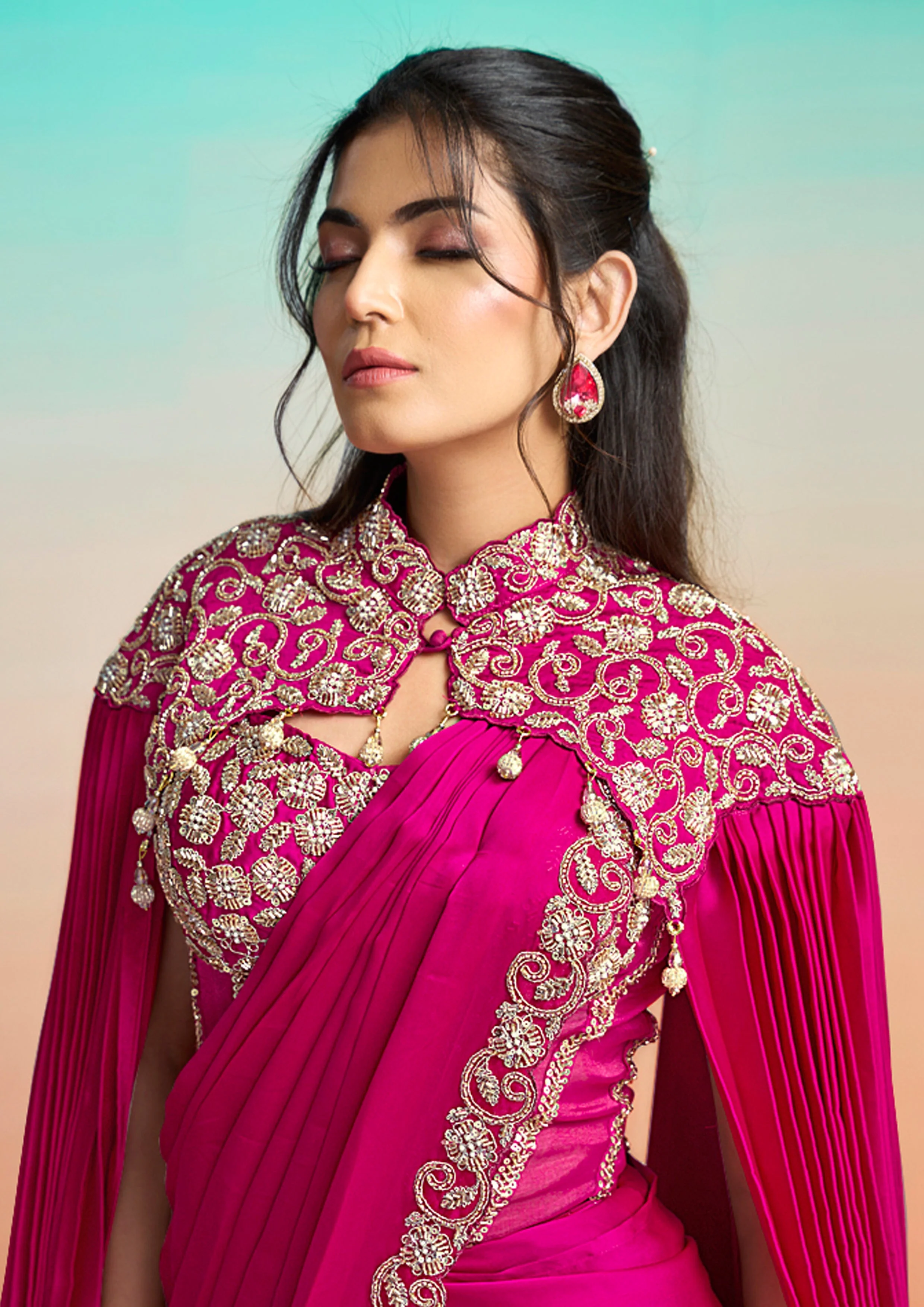 Pop Pink Embellished Satin Silk Saree - Image 2