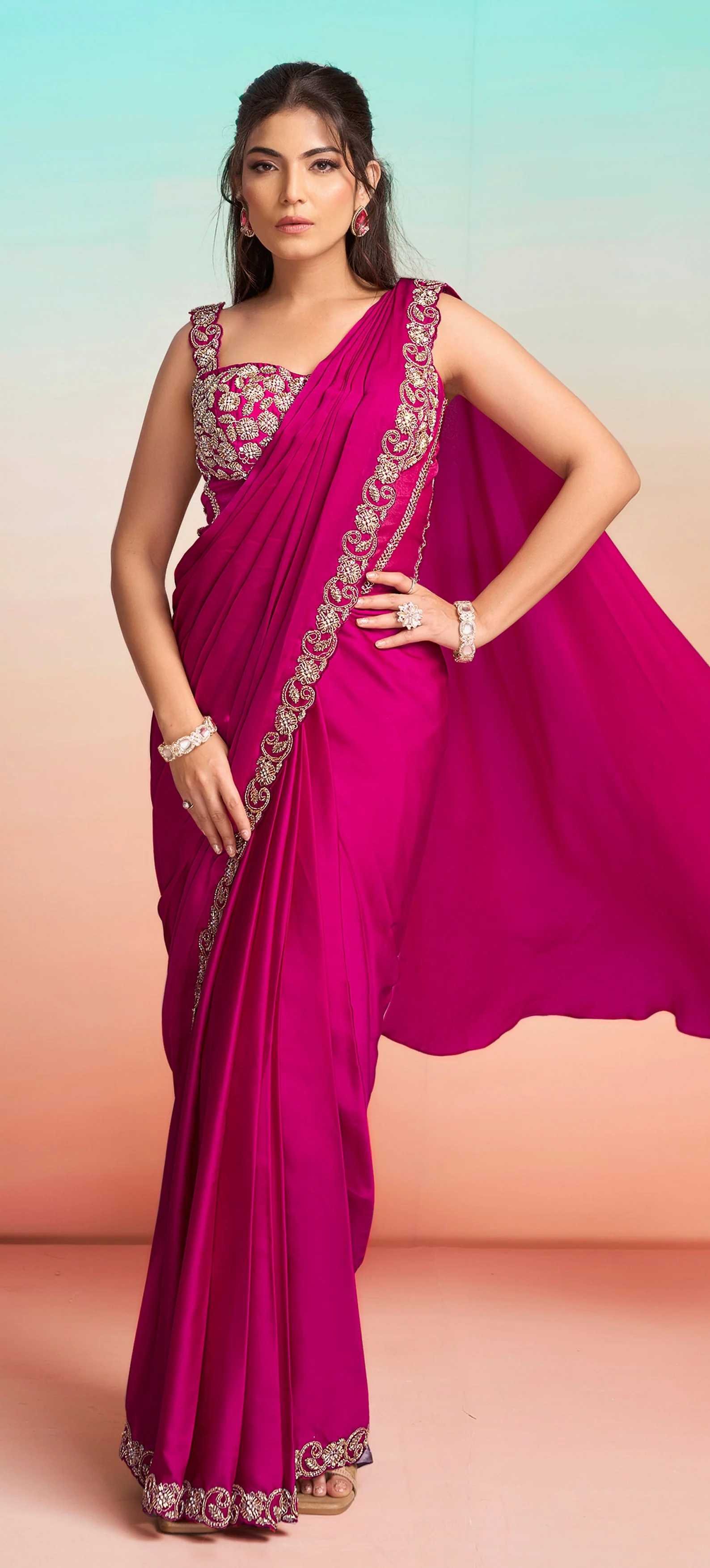 Pop Pink Embellished Satin Silk Saree - Image 3
