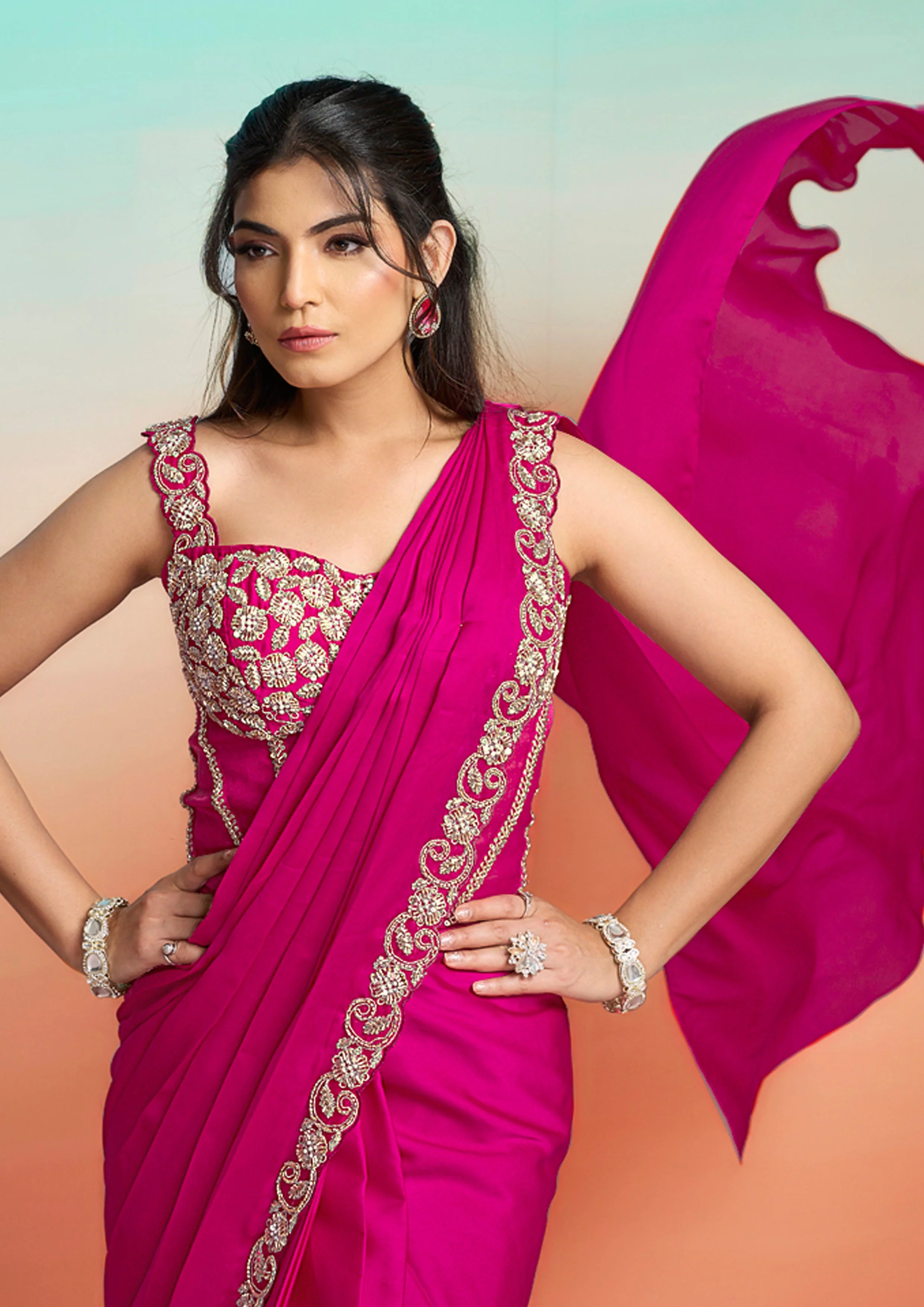 Pop Pink Embellished Satin Silk Saree - Image 4