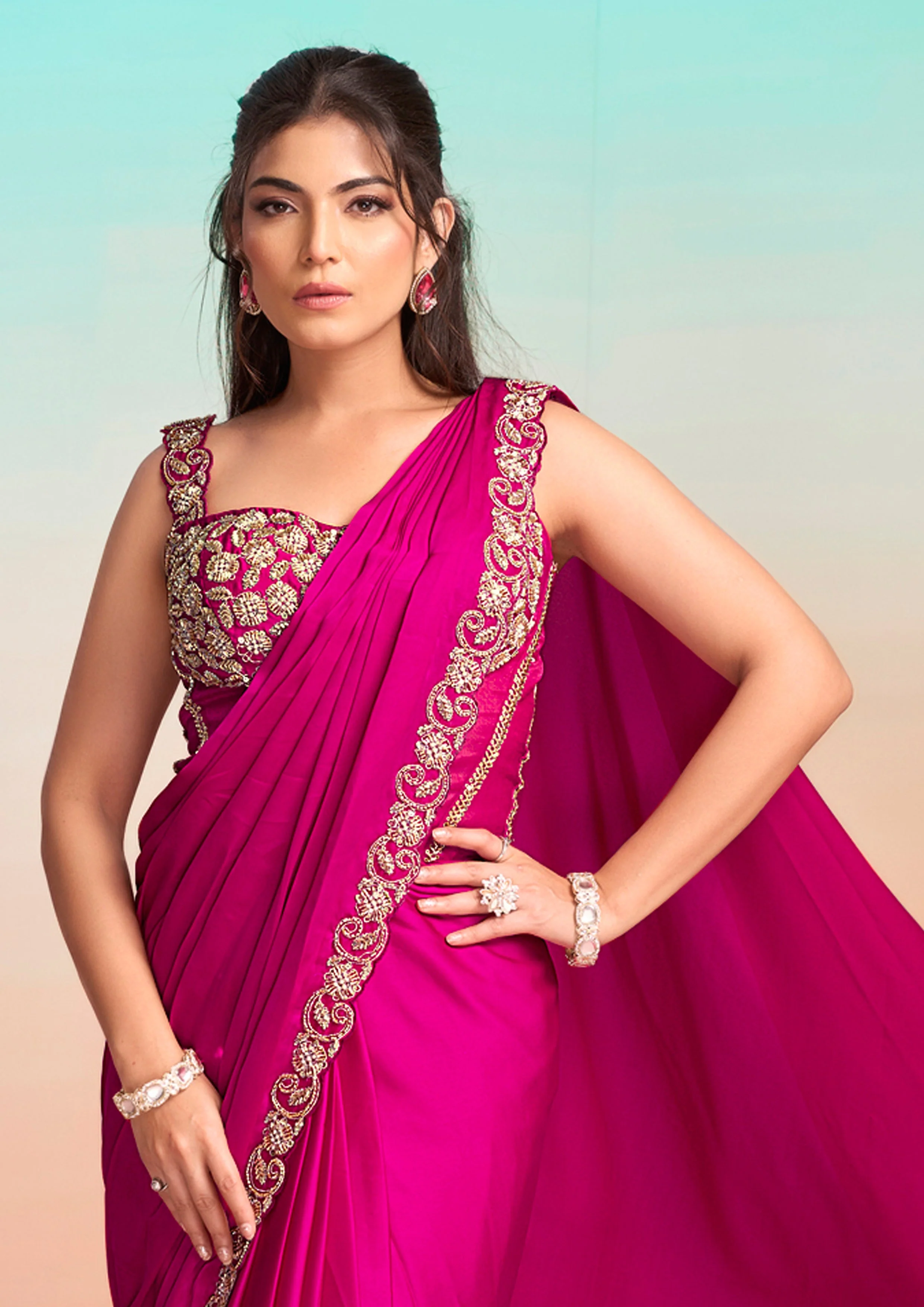 Pop Pink Embellished Satin Silk Saree - Image 5