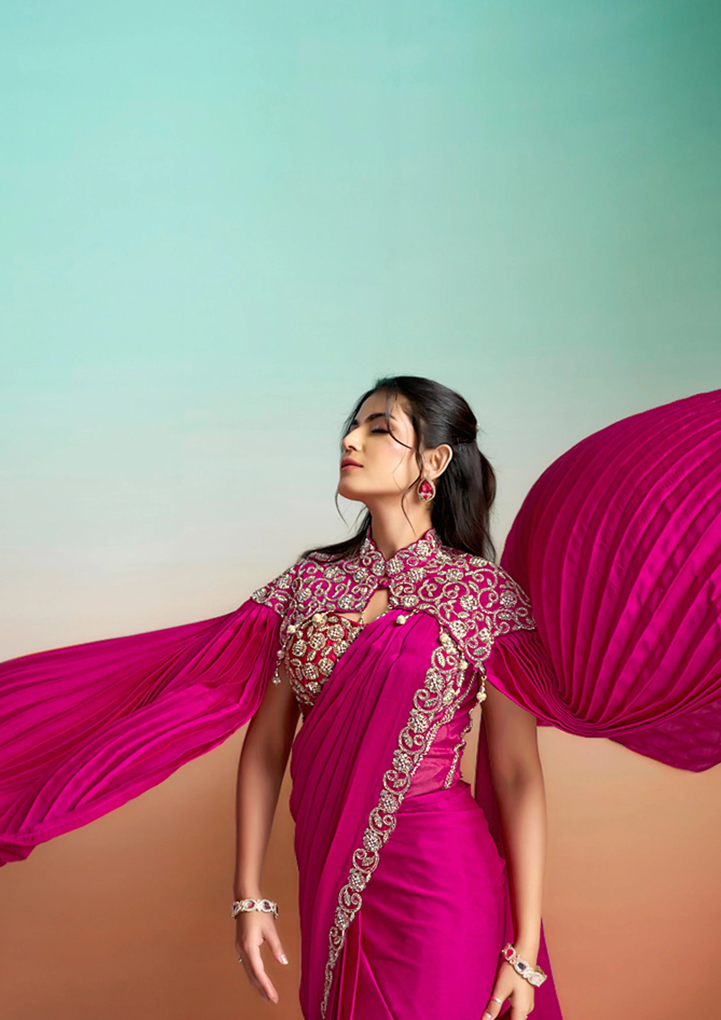 Pop Pink Embellished Satin Silk Saree - Image 6