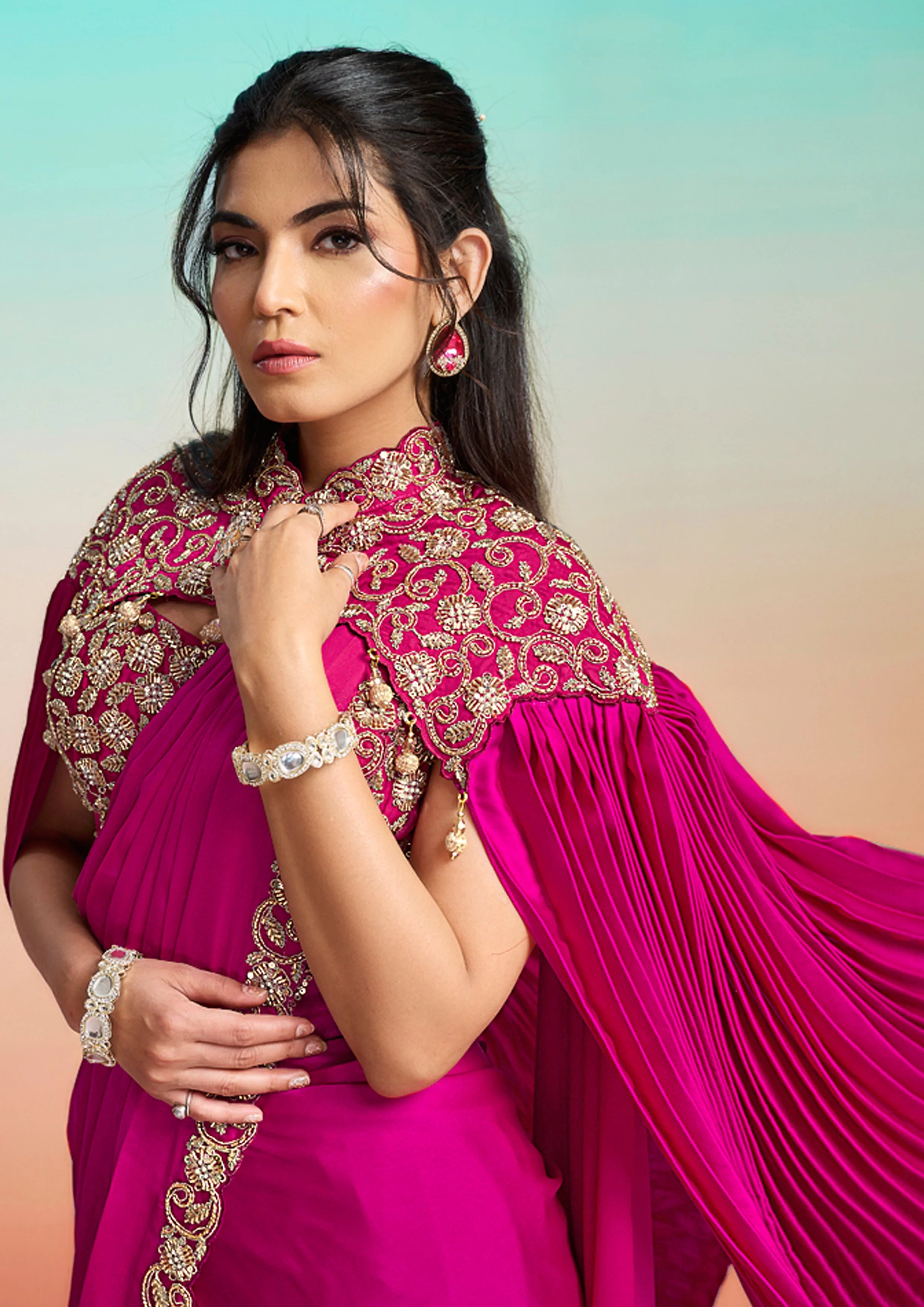 Pop Pink Embellished Satin Silk Saree - Image 7