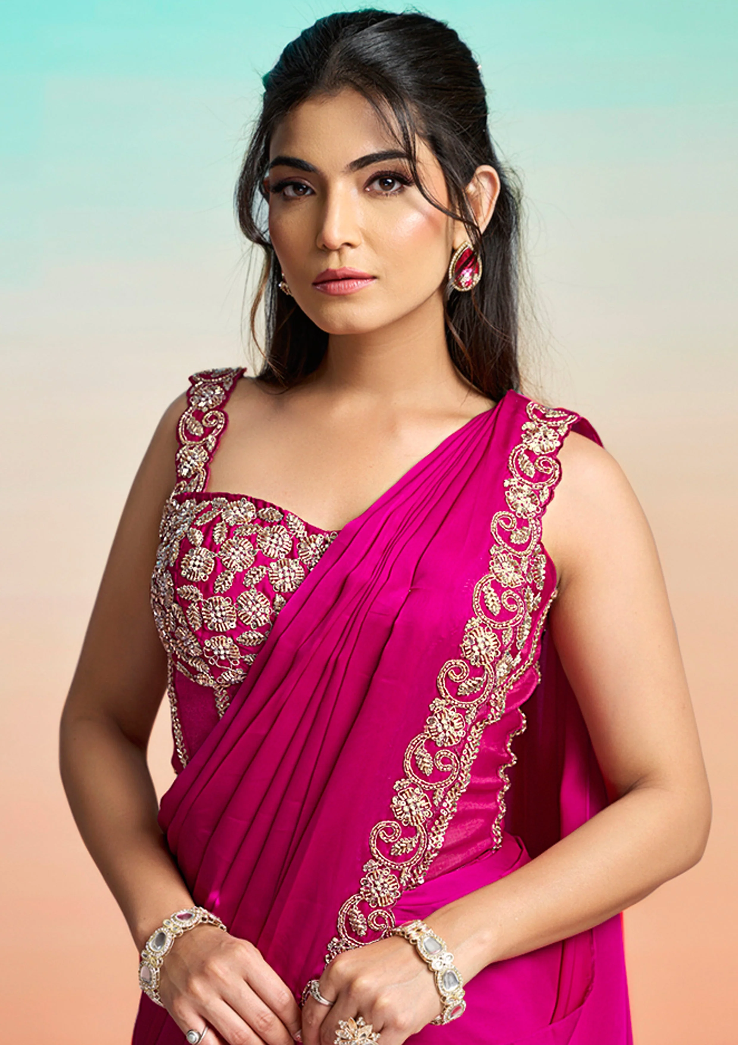 Pop Pink Embellished Satin Silk Saree - Image 8