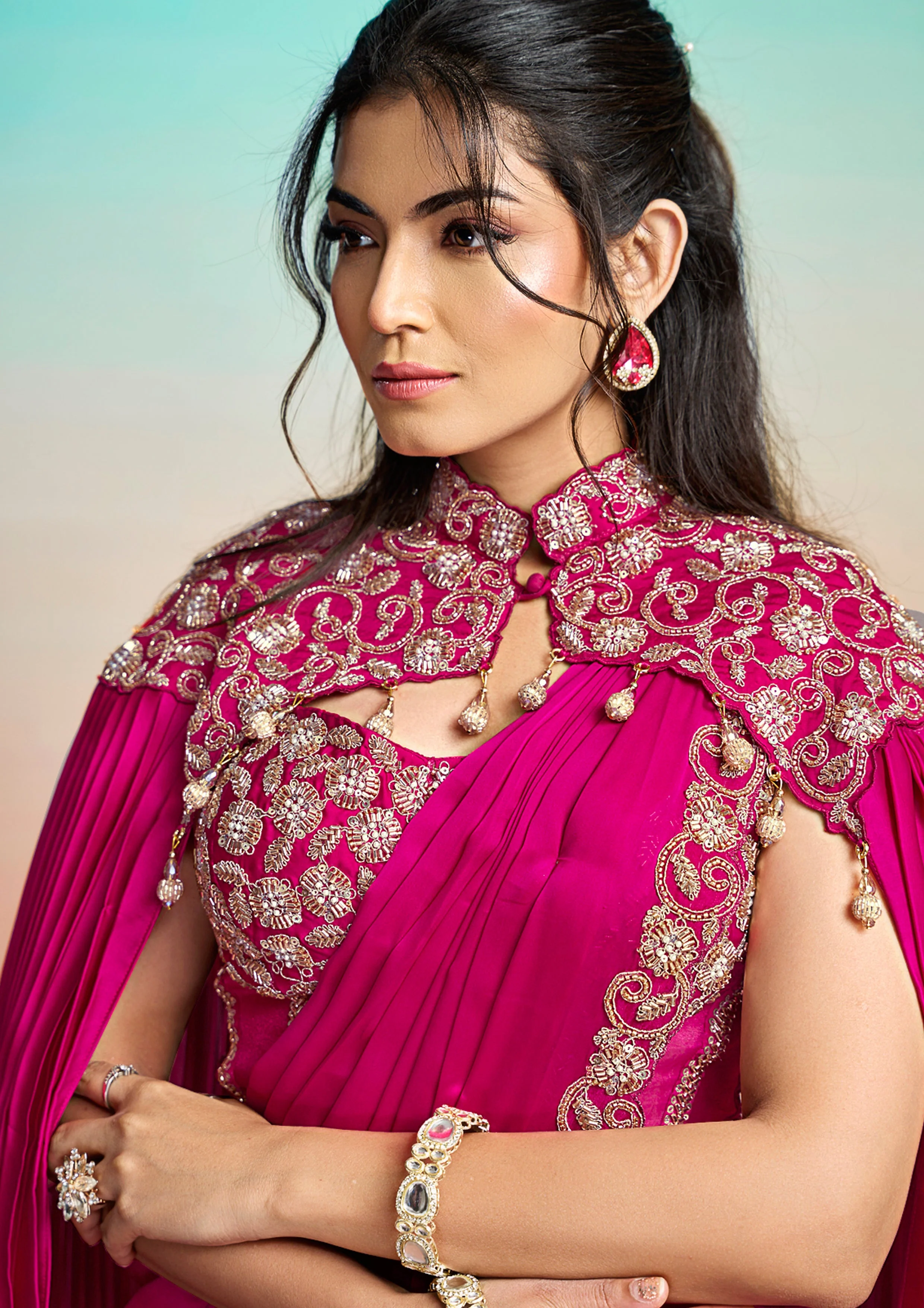Pop Pink Embellished Satin Silk Saree - Image 9