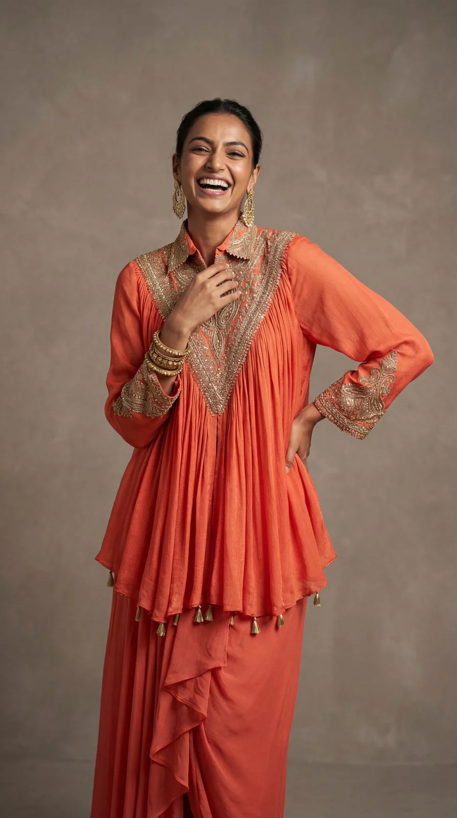 Poppy Orange Embellished Crepe Silk Dhoti Skirt Set