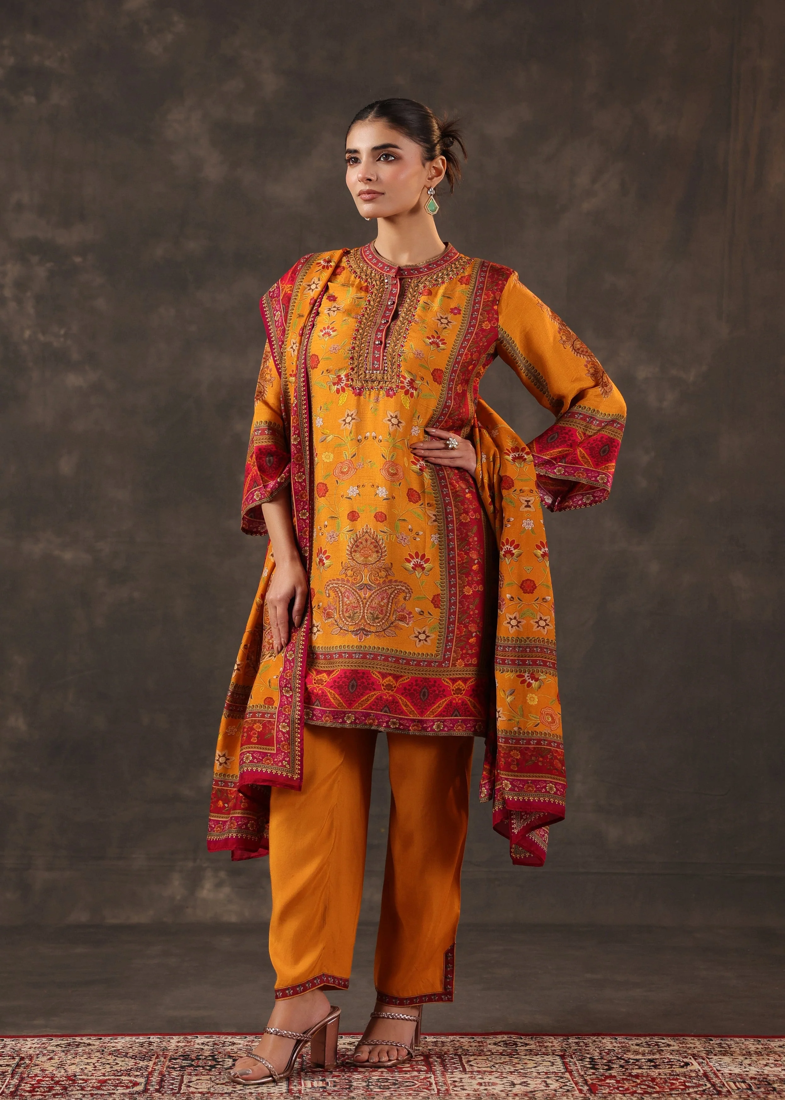 Poppy Orange Printed Dola Silk Pant Set - Image 2