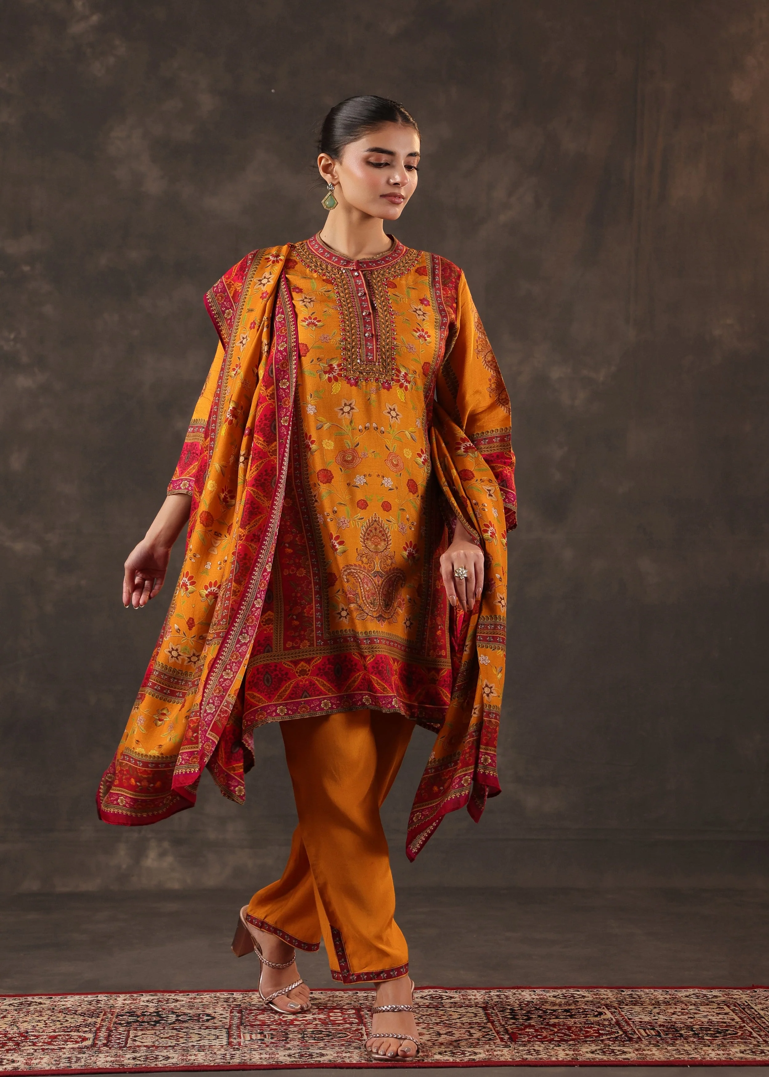 Poppy Orange Printed Dola Silk Pant Set - Image 3