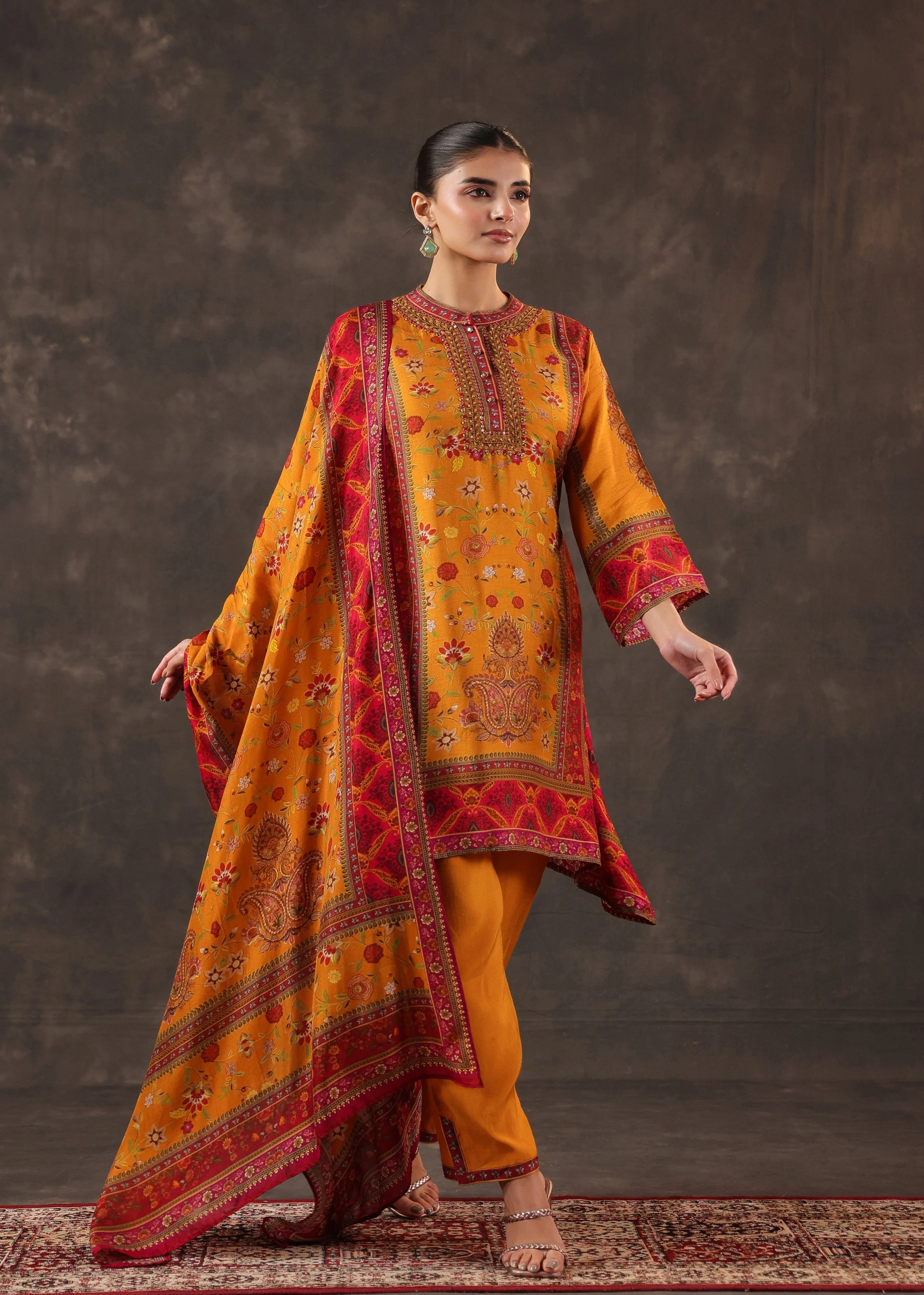 Poppy Orange Printed Dola Silk Pant Set - Image 4