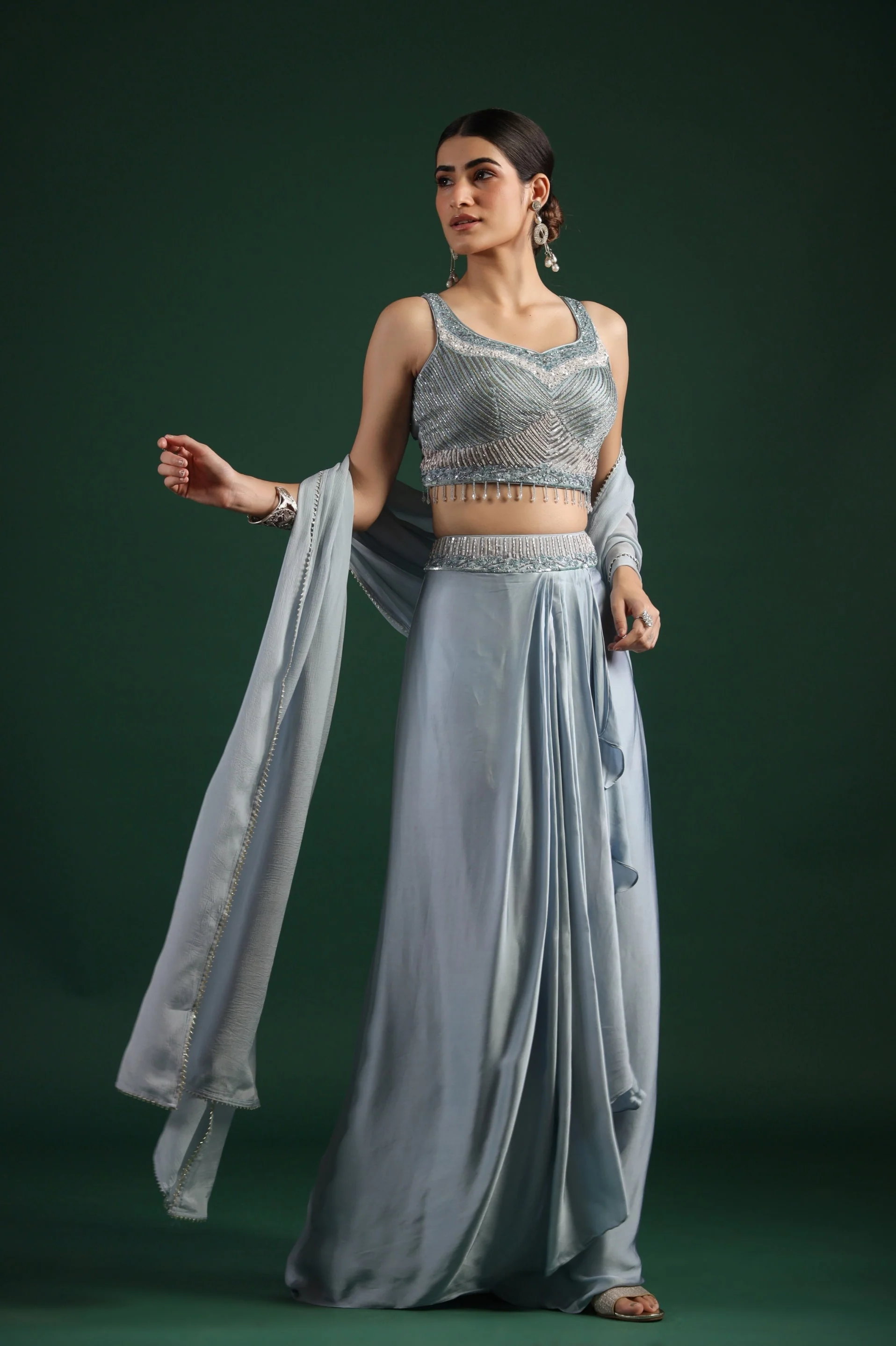 Powder Blue Embellished Draped Skirt Set - Image 3