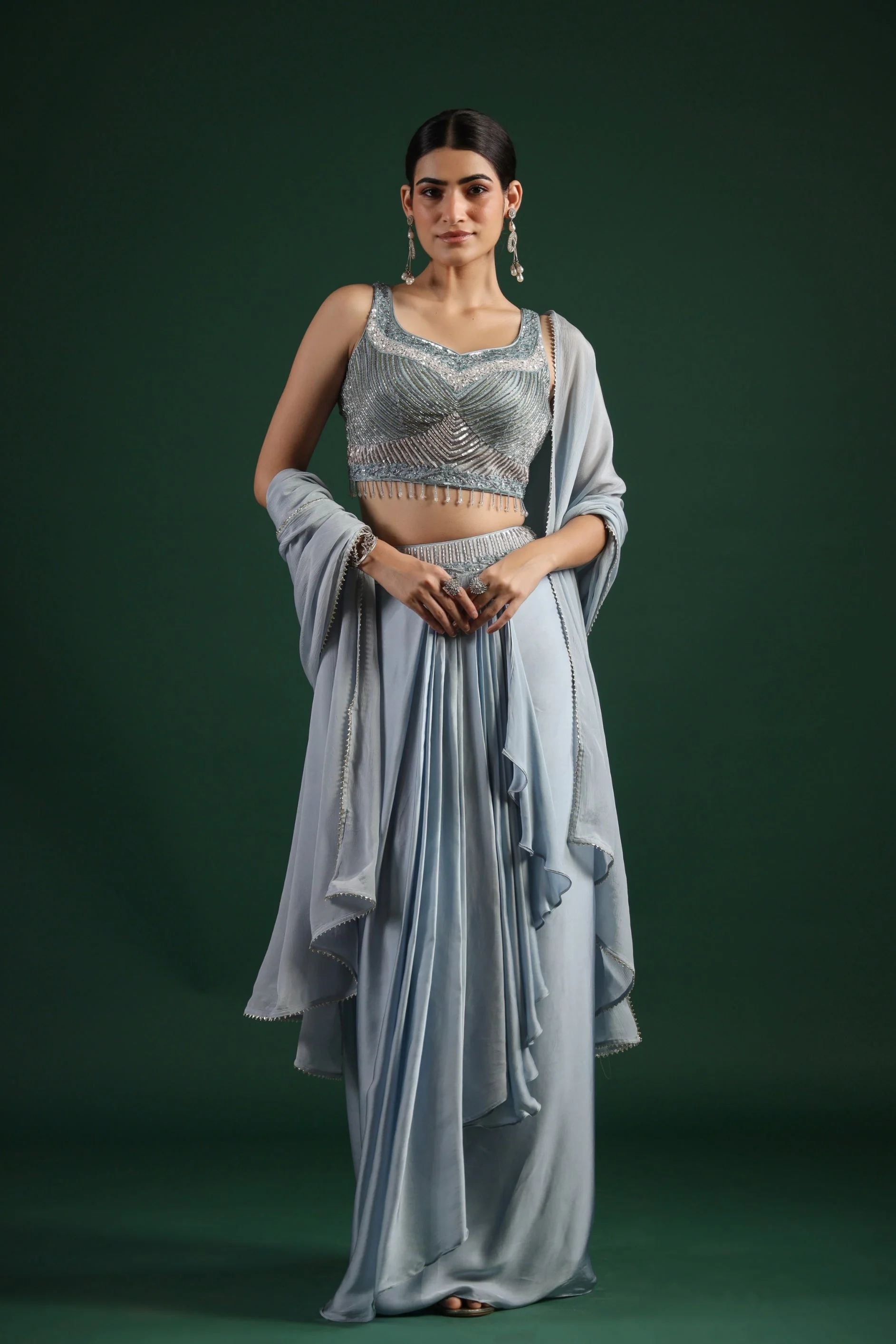 Powder Blue Embellished Draped Skirt Set - Image 4
