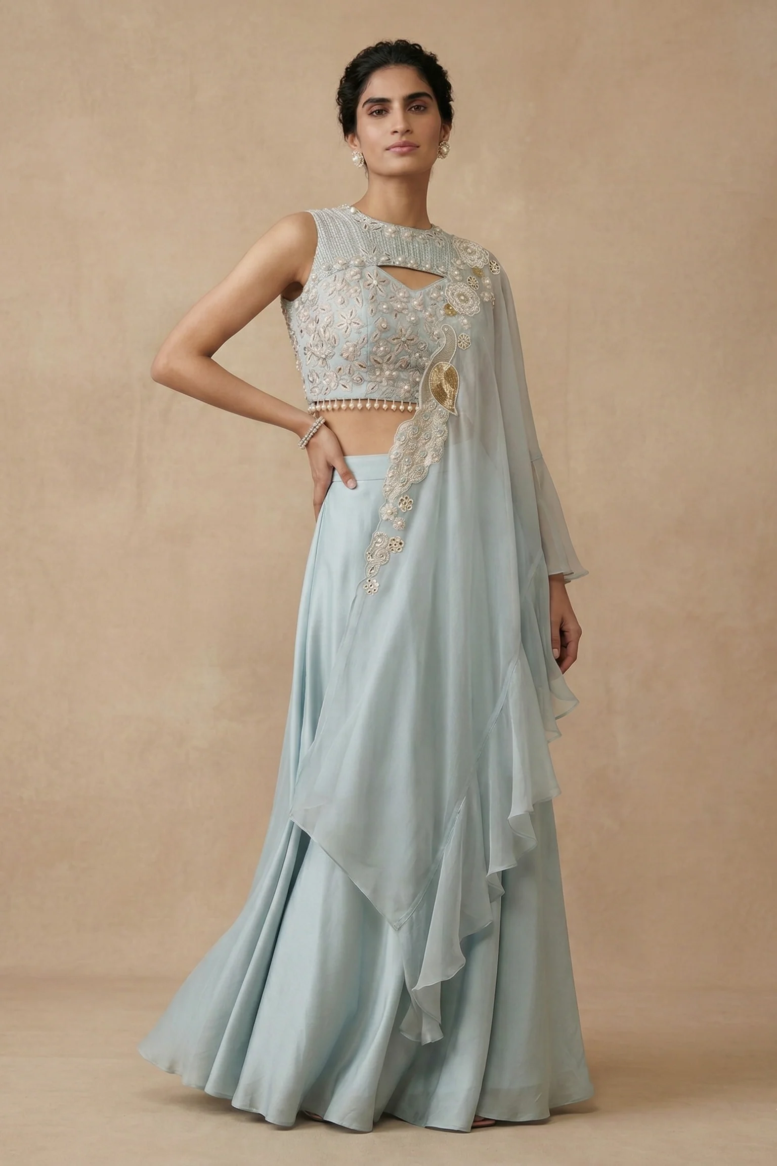 Powder Blue Embellished Georgette Silk Palazzo Set