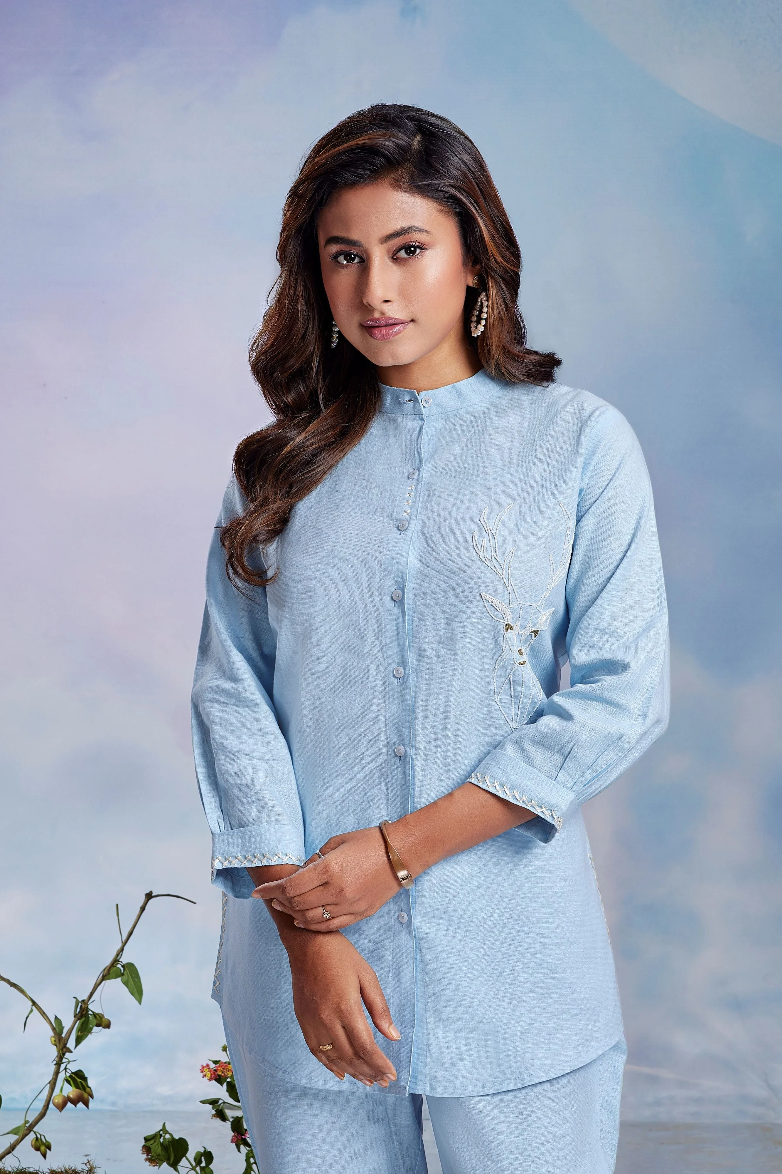 Powder Blue Embellished Linen Co-Ord Set - Image 2