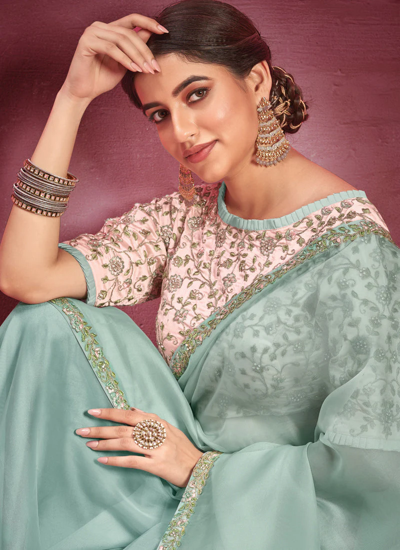 Mint Green Embellished Organza Silk Saree - Image 2
