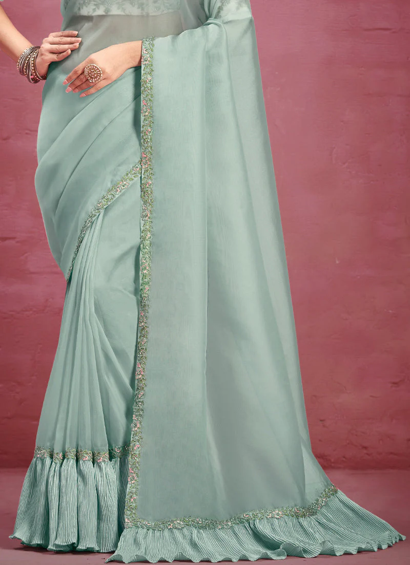 Mint Green Embellished Organza Silk Saree - Image 3
