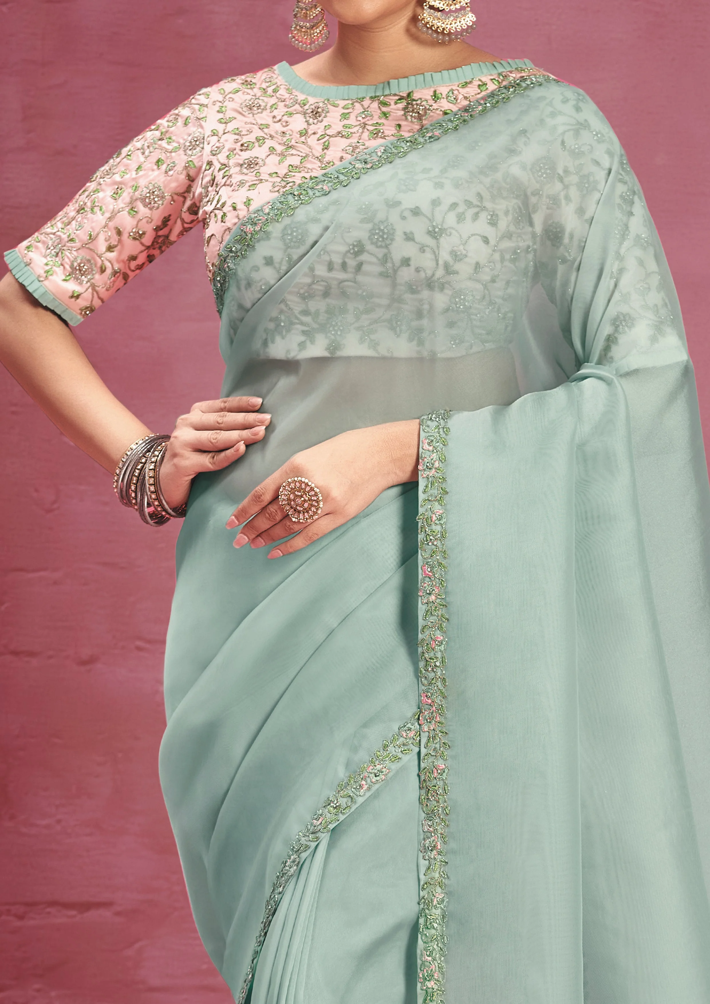 Mint Green Embellished Organza Silk Saree - Image 4