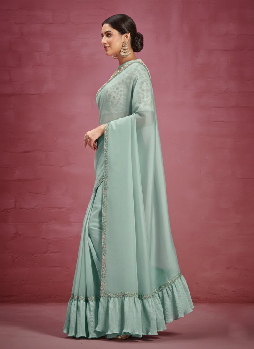 Mint Green Embellished Organza Silk Saree - Image 5