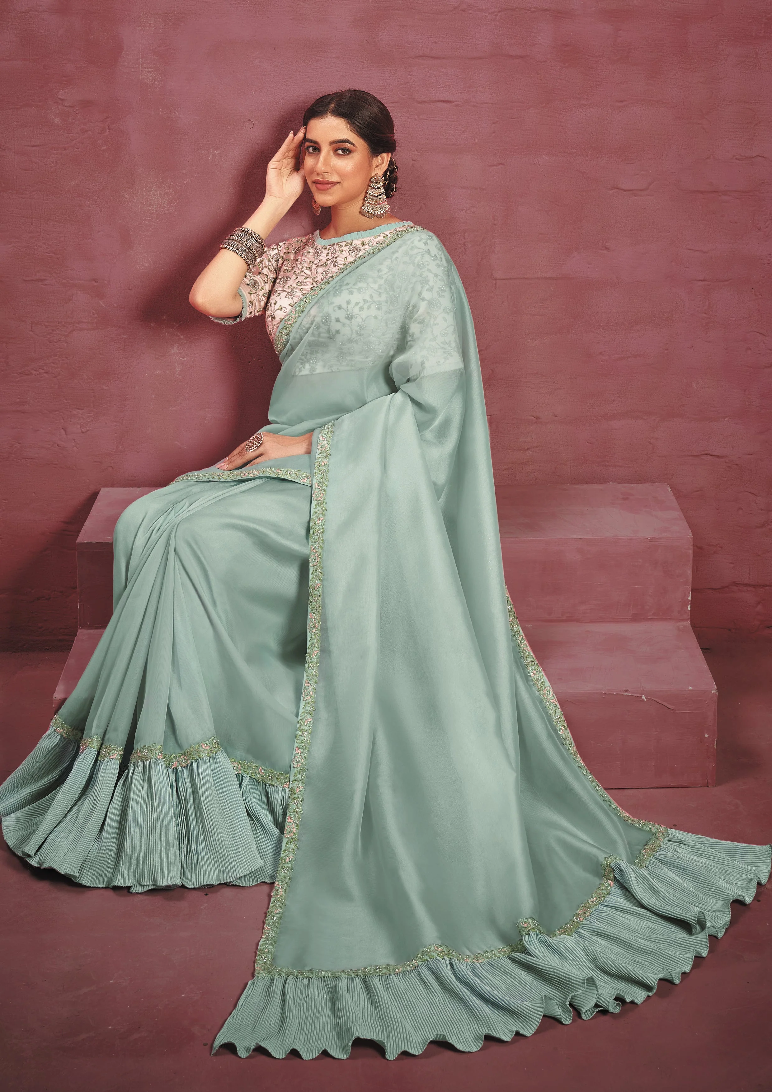 Mint Green Embellished Organza Silk Saree - Image 6