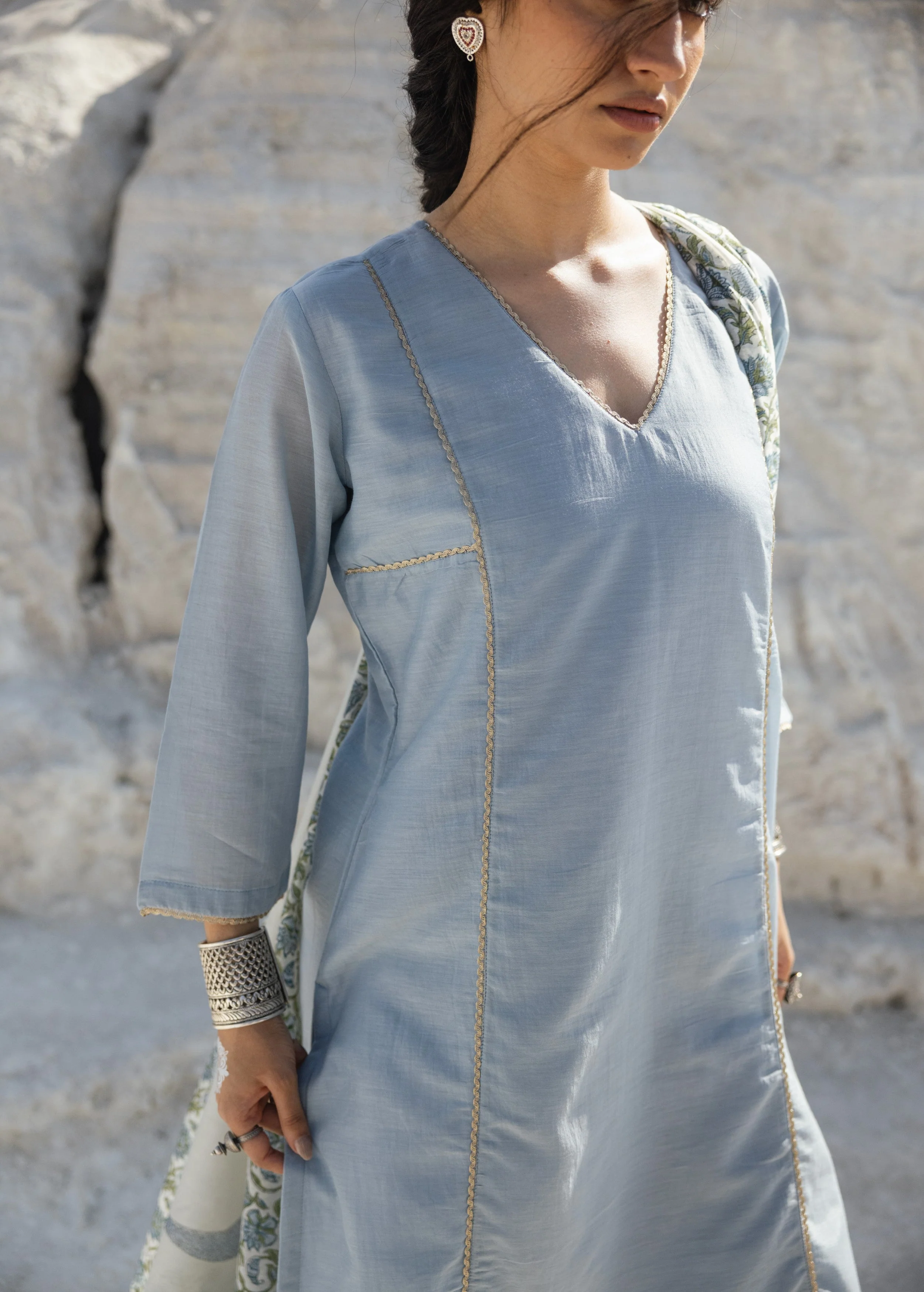 Powder Blue Embroidered Mul-Chanderi Silk Pant Set - Image 2
