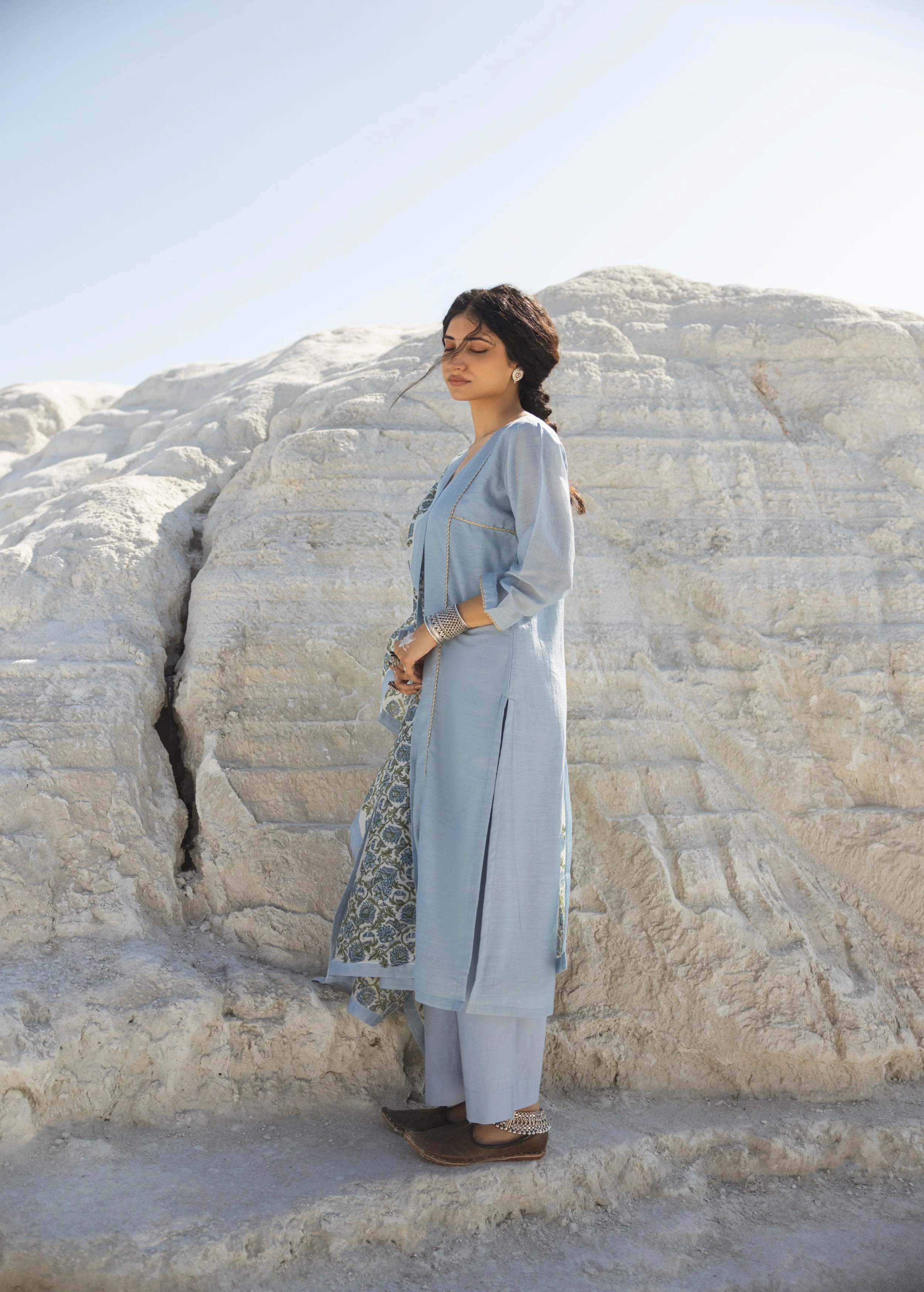 Powder Blue Embroidered Mul-Chanderi Silk Pant Set - Image 4