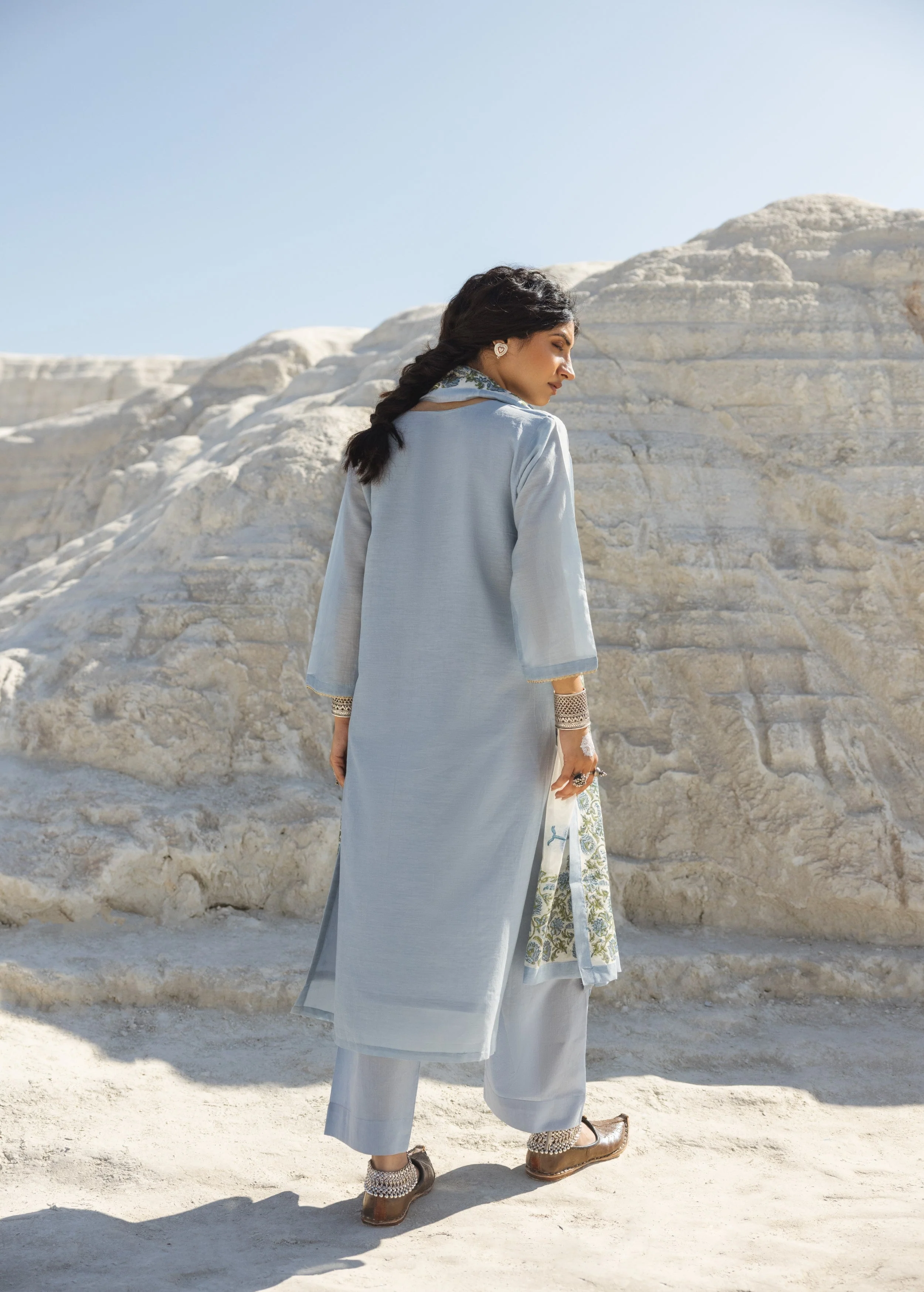 Powder Blue Embroidered Mul-Chanderi Silk Pant Set - Image 5